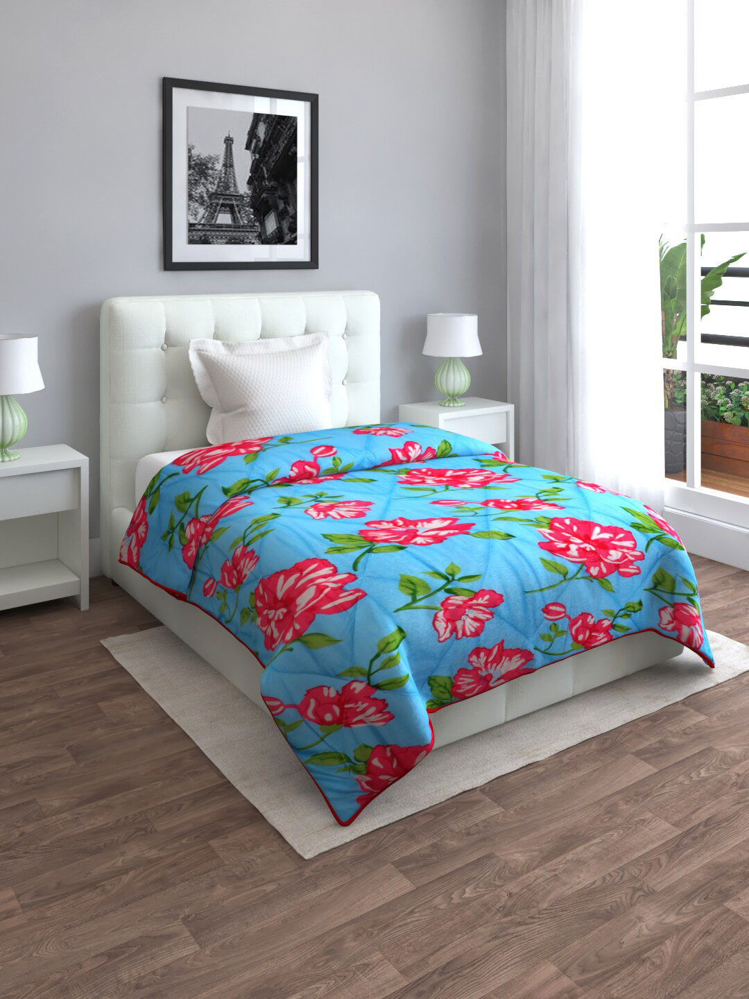 

ROMEE Blue & Pink Floral Printed 210 GSM Mild Winter Single Bed Comforter