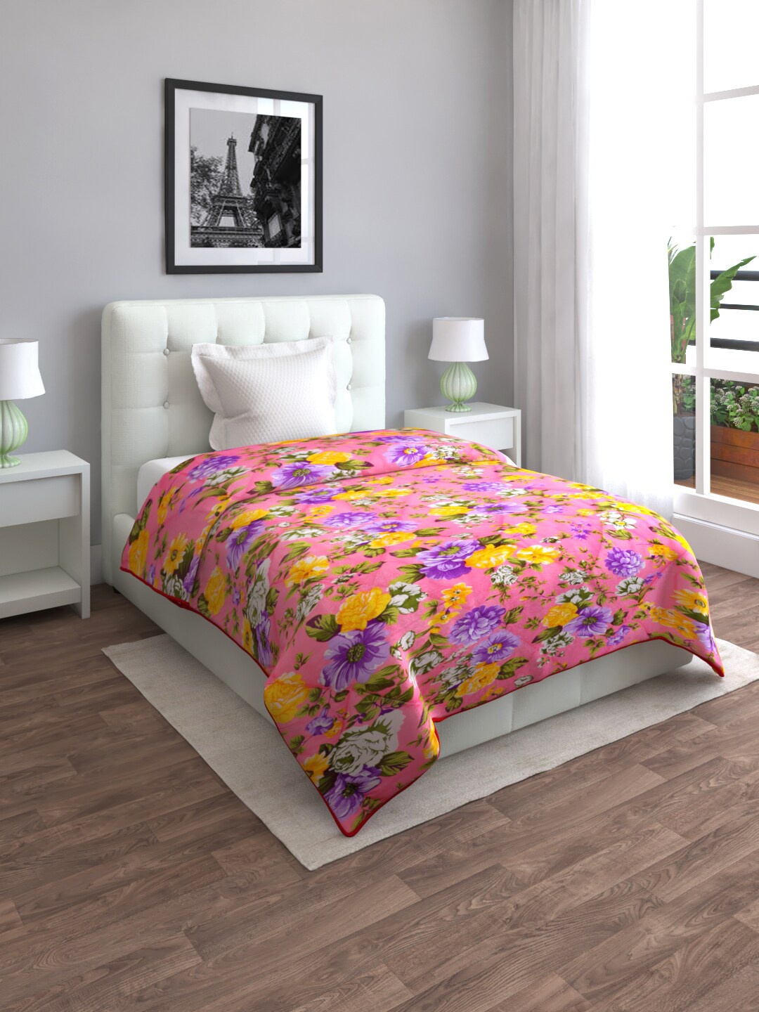 

ROMEE Pink & Yellow Floral Reversible Mild Winter Single Bed Comforter 210 GSM