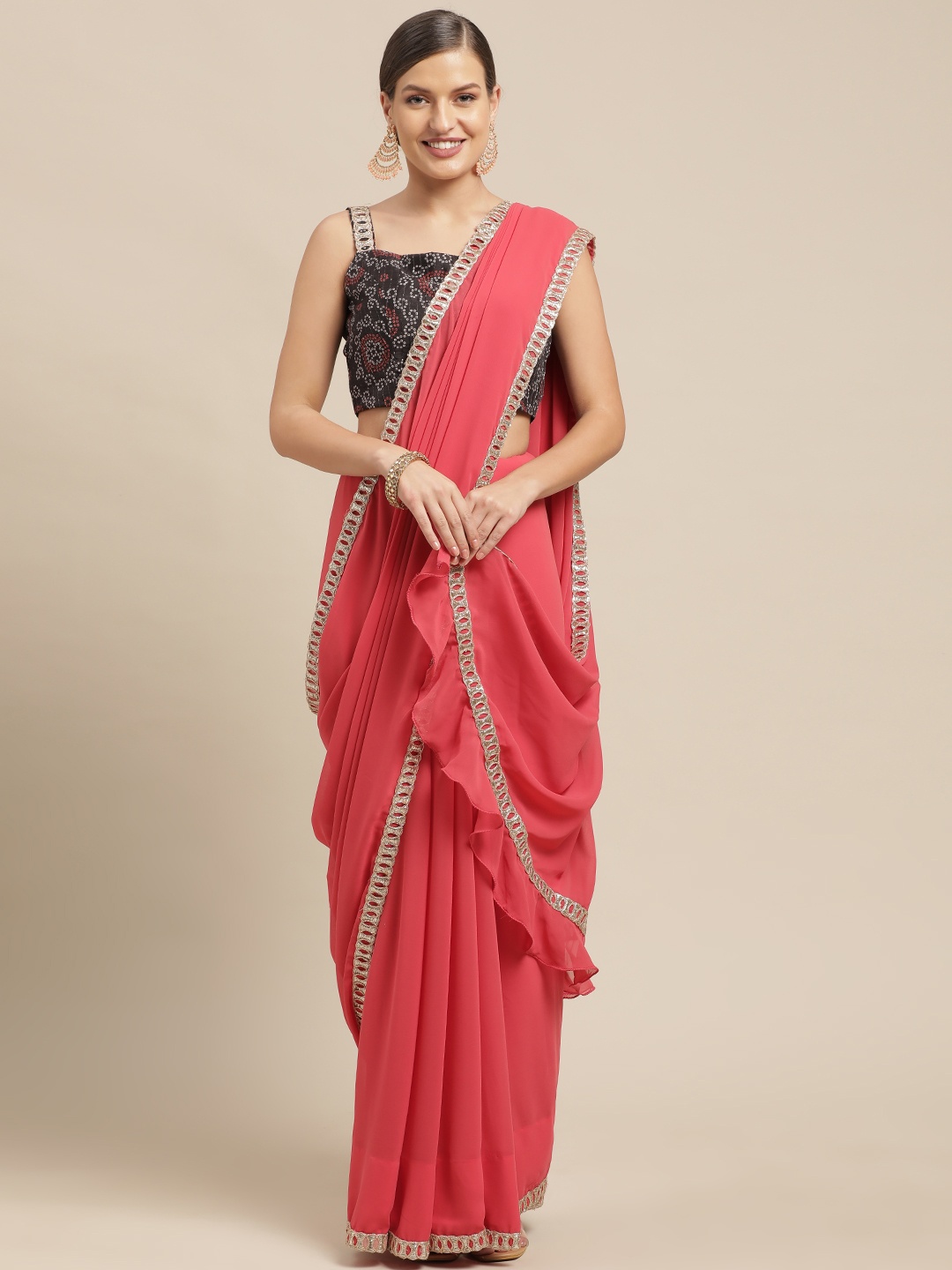 

Ethnovog Pink Solid Georgette Saree