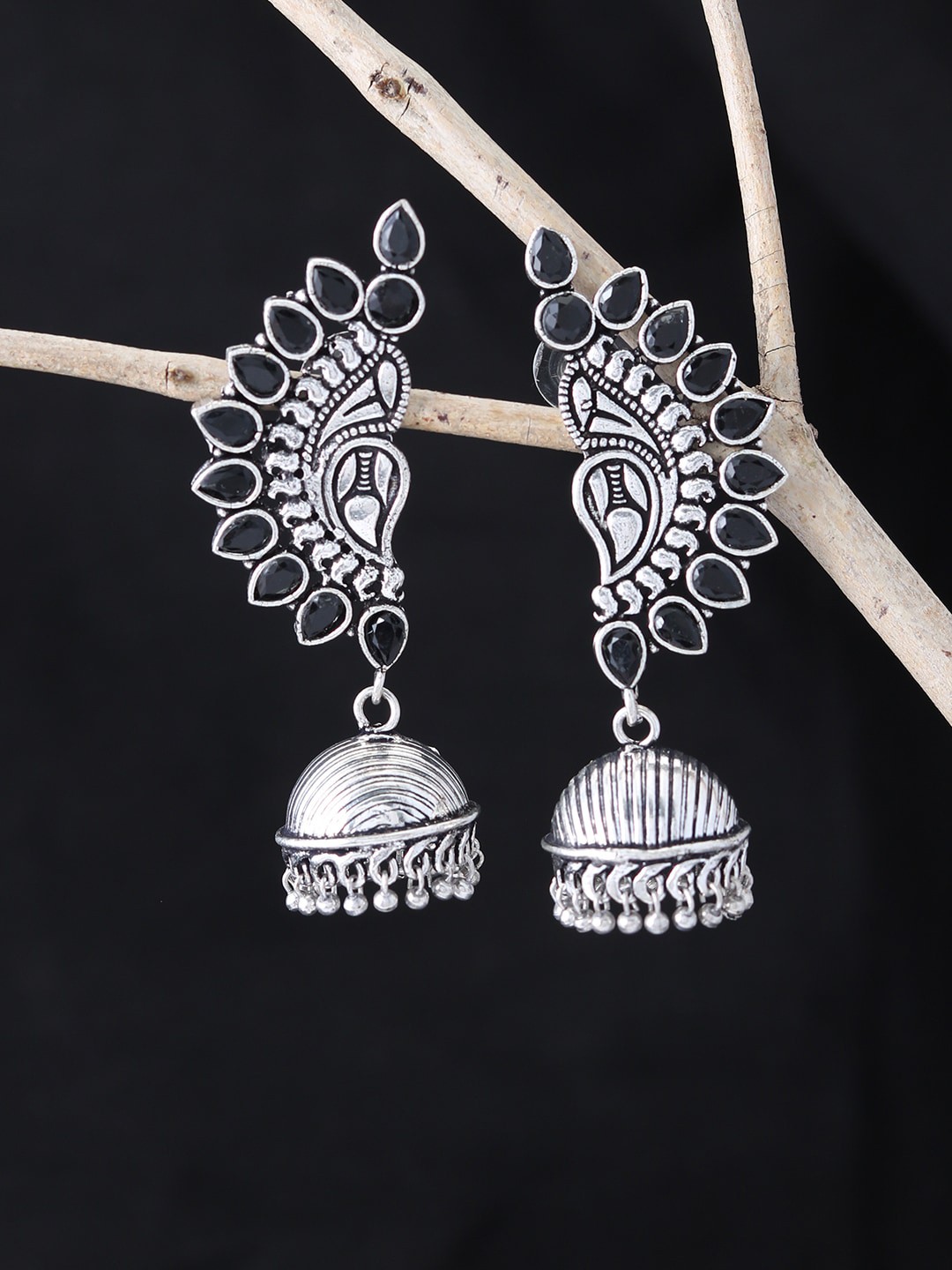 

Silvermerc Designs Silver Plated Oxidised Contemporary Jhumkas Earrings