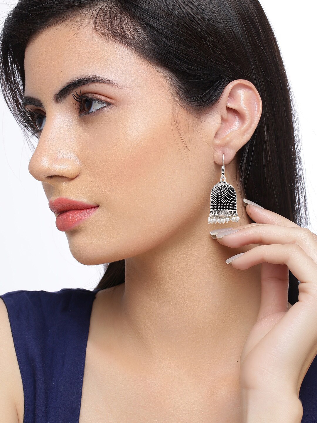 

Silvermerc Designs Oxidised Silver-Plated Contemporary Jhumkas Earrings