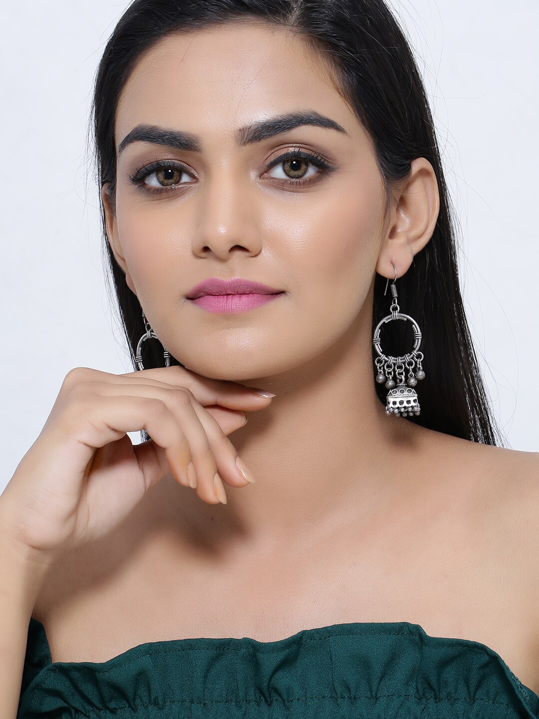 

Silvermerc Designs Silver-Toned Contemporary Jhumkas Earrings