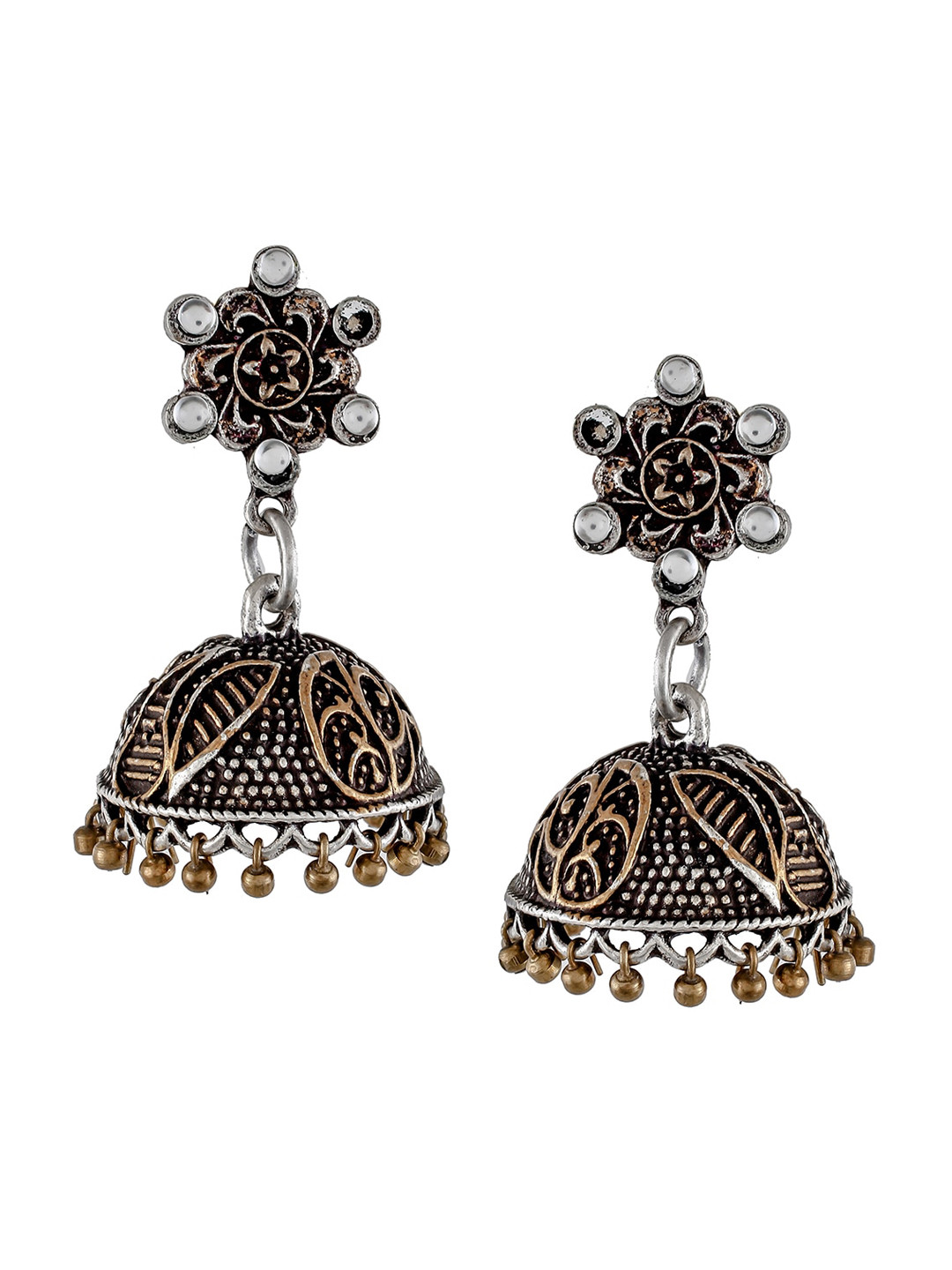 

Silvermerc Designs Silver-Toned Oxidised Contemporary Jhumkas Earrings