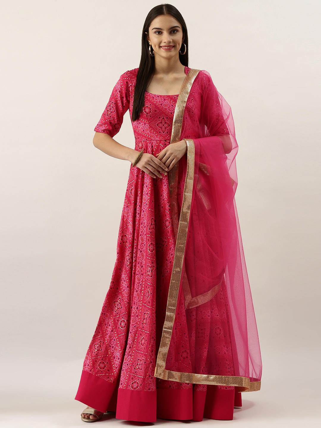 

Ethnovog Women Pink Bandhani Print Made to Measure Kurta with Trousers Dupatta