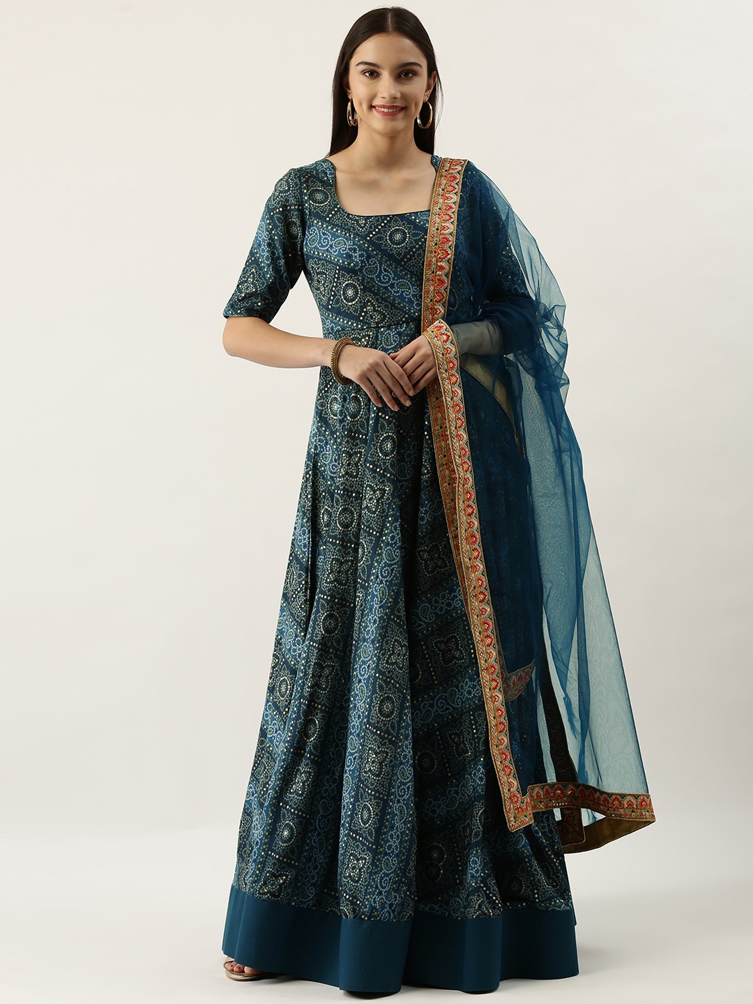 

Ethnovog Women Teal Blue Bandhani Print Made to Measure Kurta with Trousers Dupatta