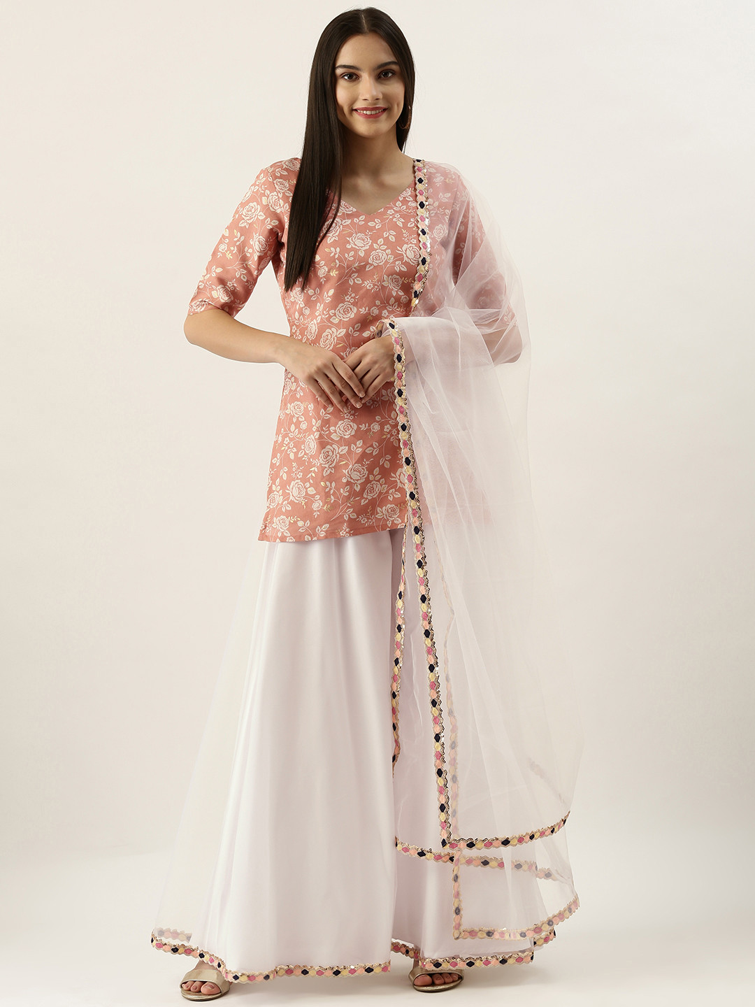 

Ethnovog Women Dusty Pink White Printed Made to Measure Kurta with Palazzos Dupatta, Rose