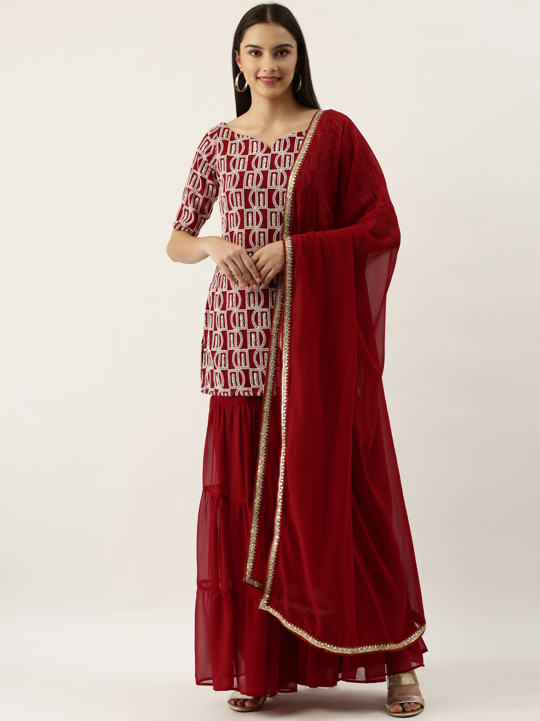 

Ethnovog Women Maroon White Embroidered Made to Measure Kurti with Sharara Dupatta