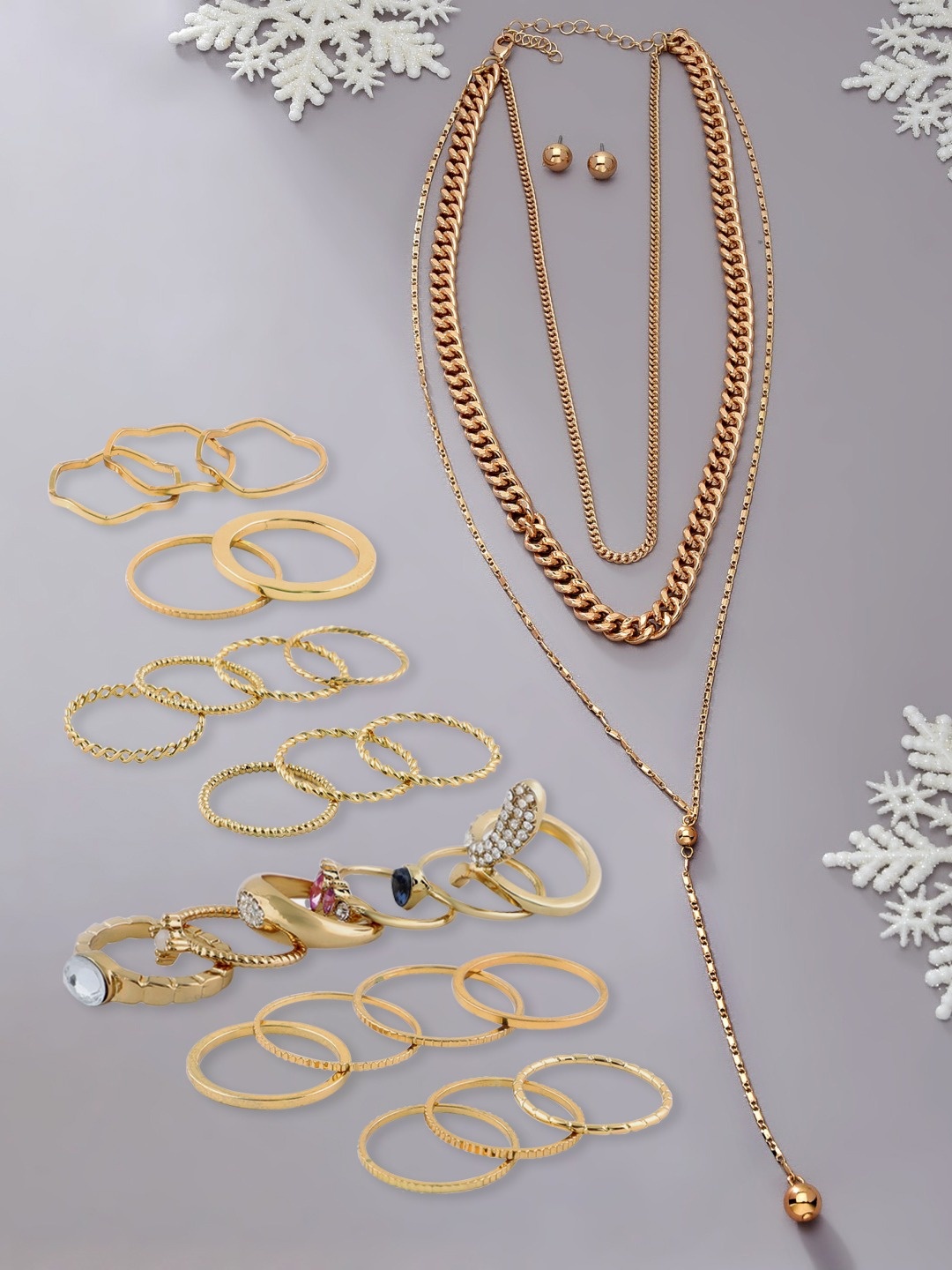 

AMI Set of 25 Gold-Plated Layered Chain Necklace With Earrings & Rings
