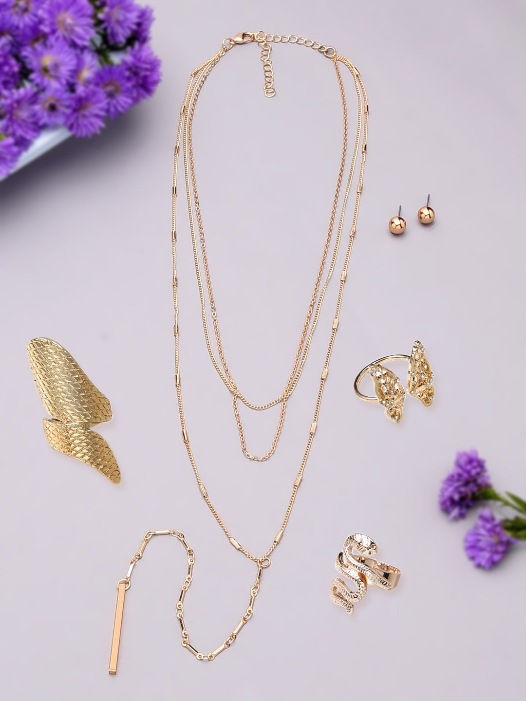 

AMI Gold-Plated Layered Chain With Earrings & Rings