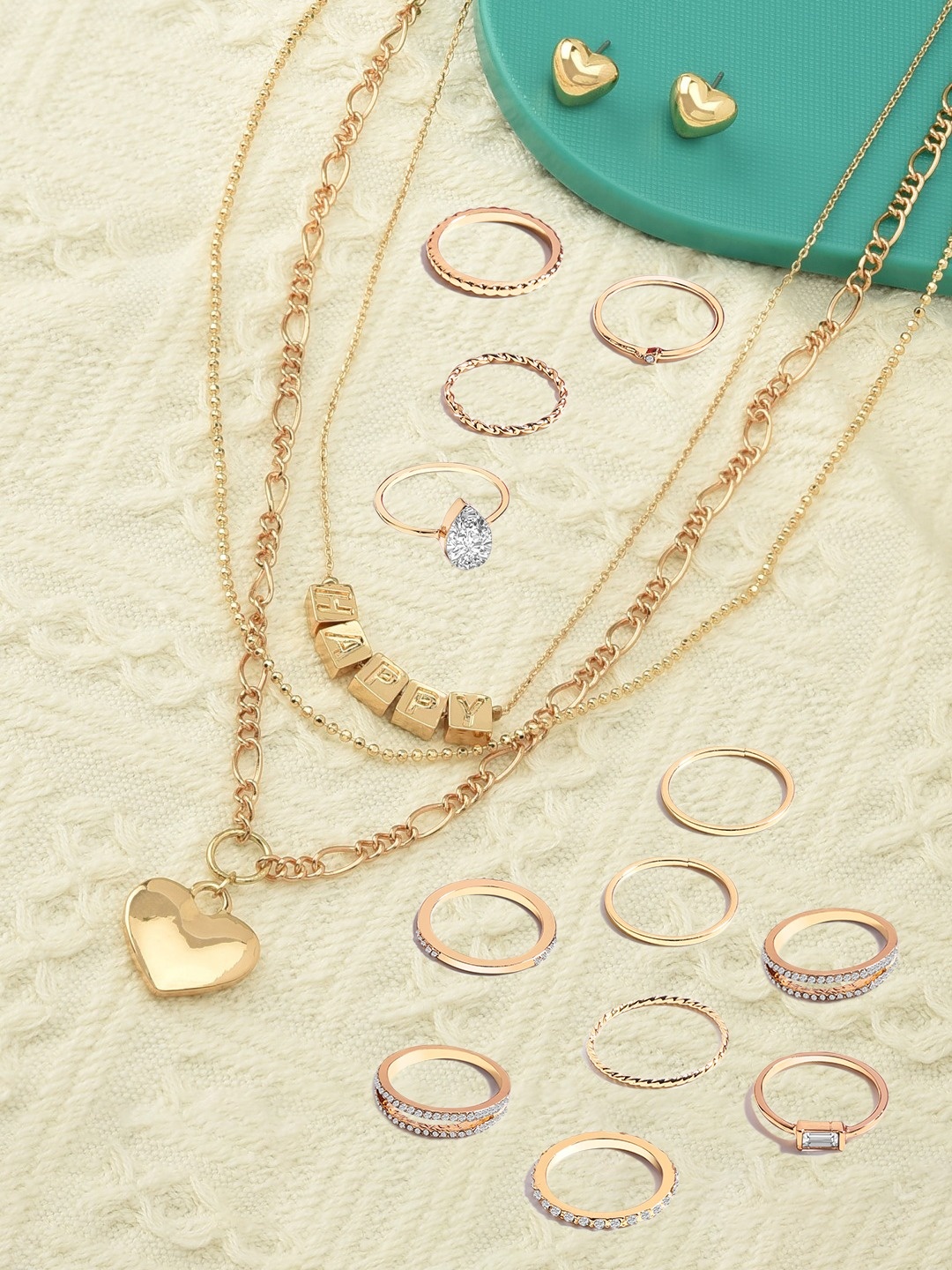 

AMI Women Gold-Plated Layered Layered Necklace Chains & Rings Set