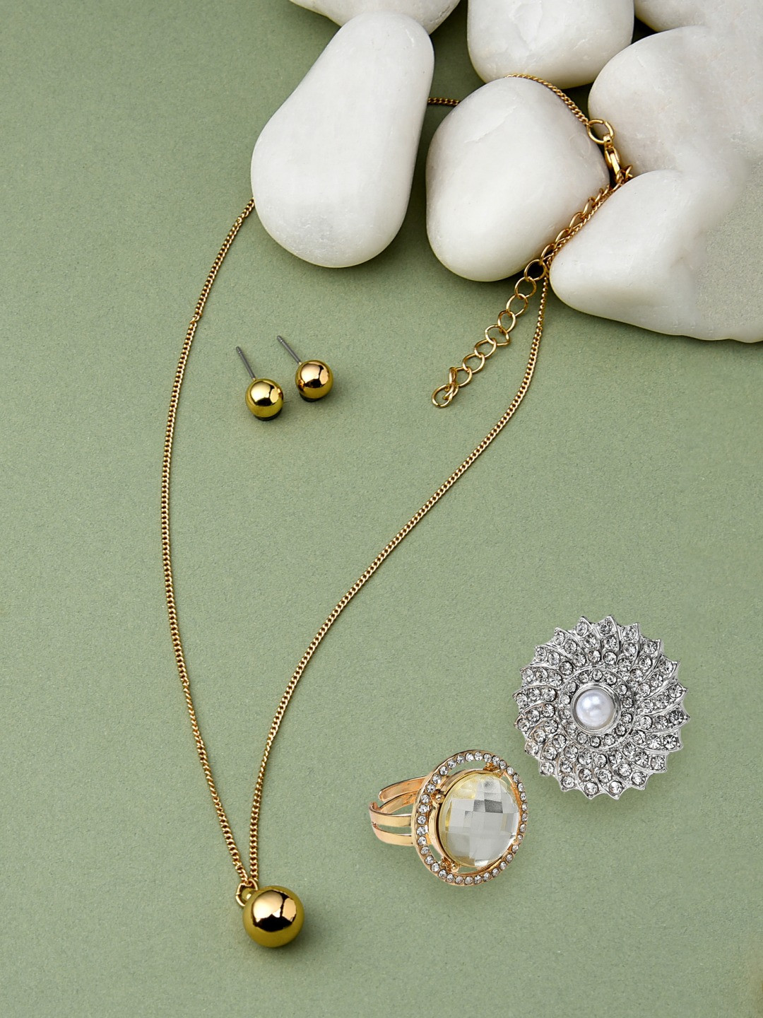 

AMI Gold-Plated & Silver-Toned Chain With Earrings And Ring Set