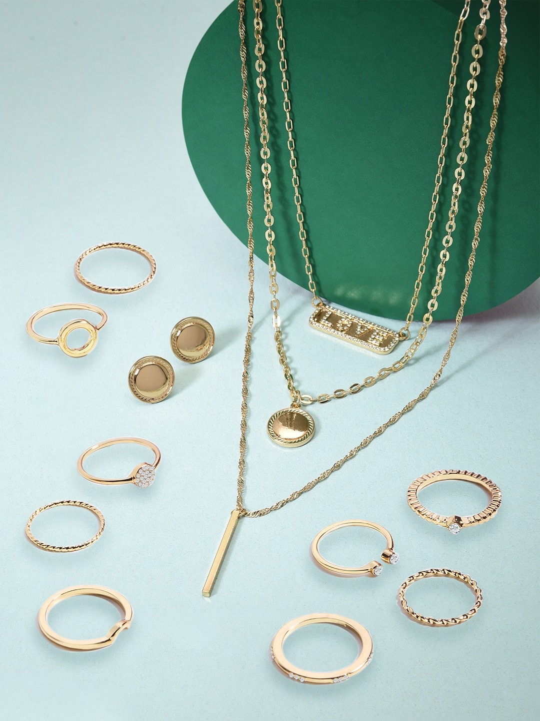 

Ami Gold Tone Contemporary Layered Necklace & Earring With Finger Ring Set