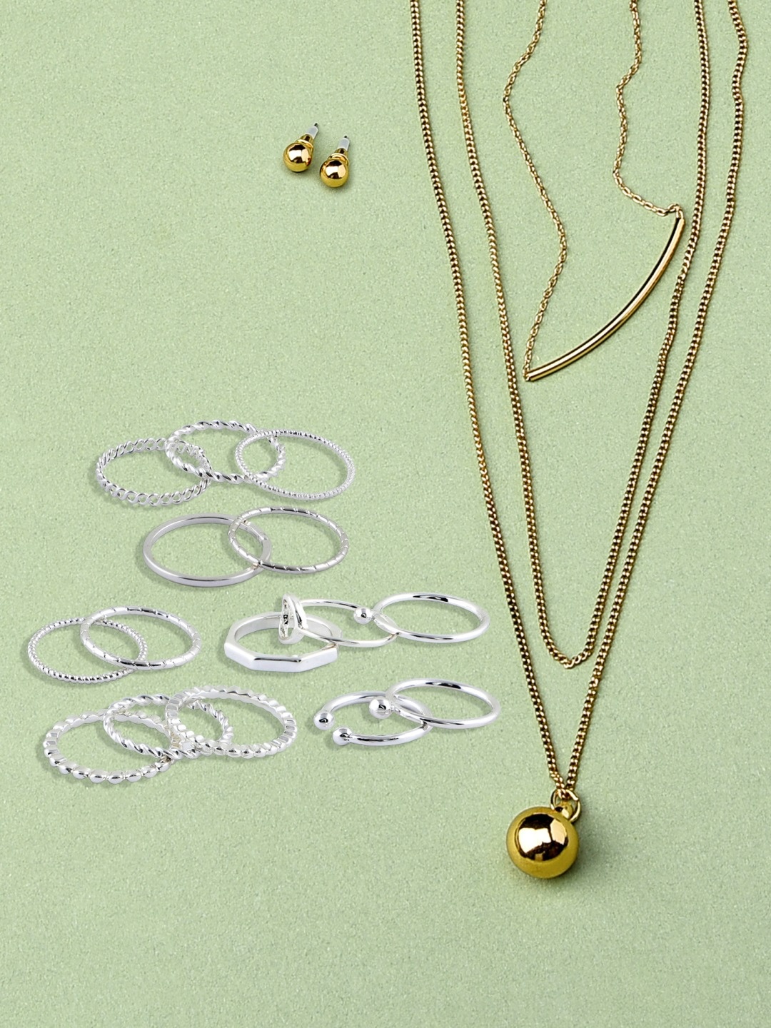 

Ami Gold & Silver Tone Contemporary Layered Necklace Chains & Rings Set