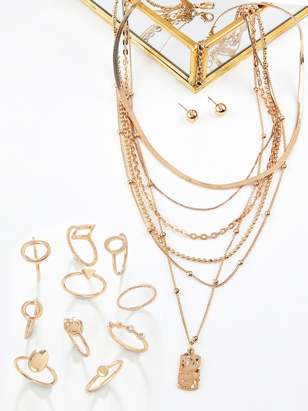

Ami Set Of 12 Gold Toned Contemporary Layered Necklace Chains With Earrings & Rings