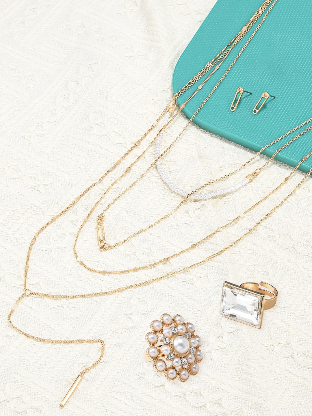 

AMI Gold-Toned Gold-Plated Layered Chain with Studded Earrings and Rings Set