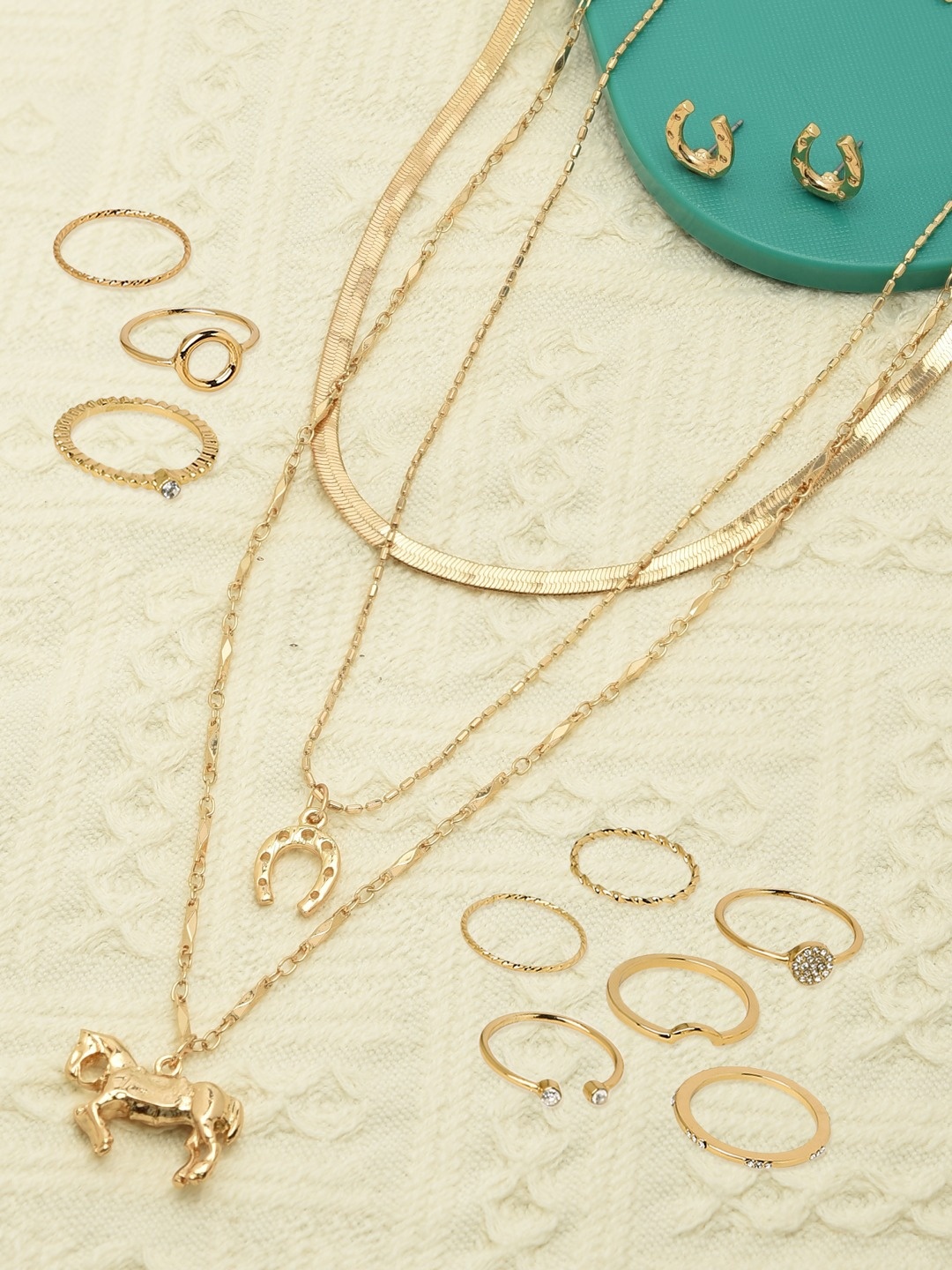 

AMI Women Gold-Plated Layered Necklace Chains & Rings Set