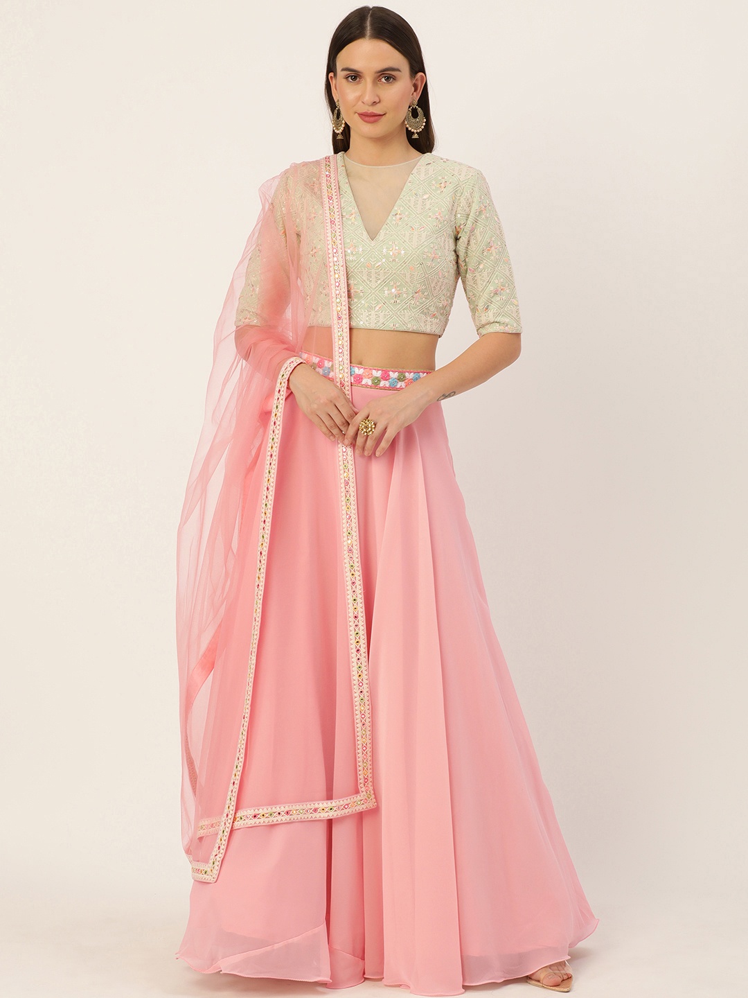 

Ethnovog Peach-Coloured Green Embroidered Sequinned Made to Measure Lehenga Blouse With Dupatta