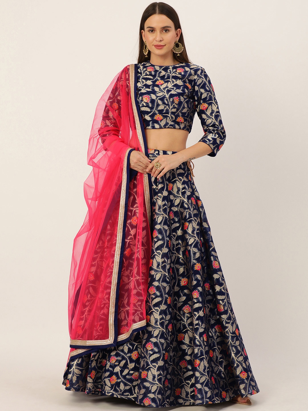 

Ethnovog Navy Blue Pink Printed Made to Measure Lehenga Blouse With Dupatta