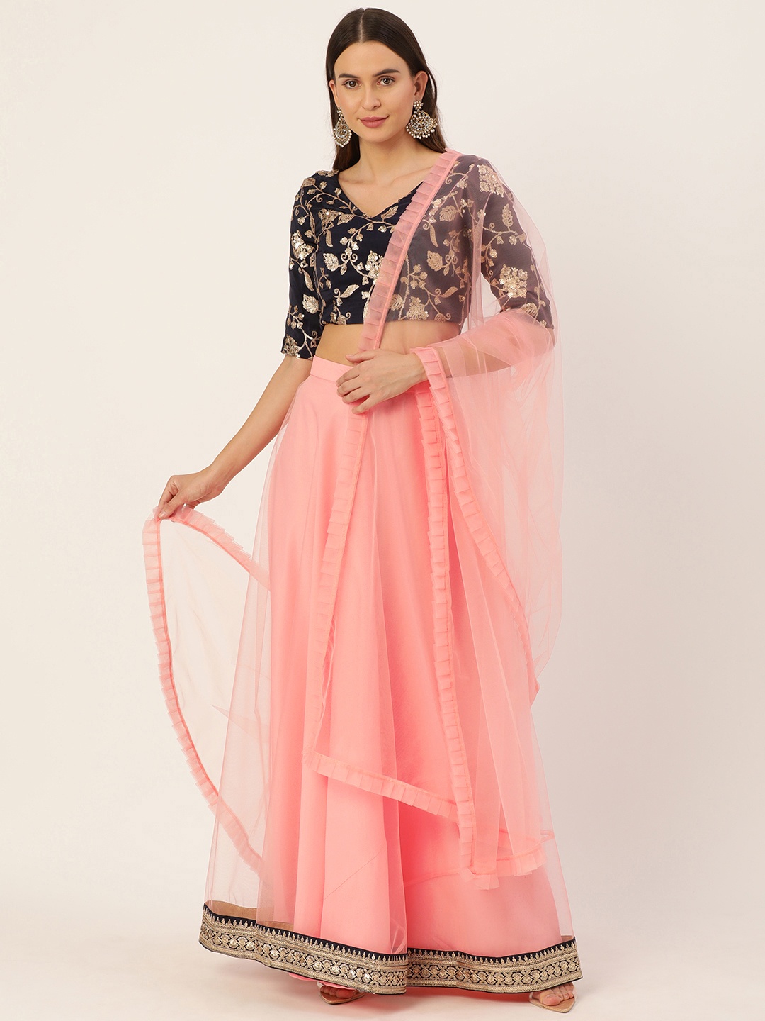 

Ethnovog Peach-Coloured Navy Blue Embroidered Sequinned Made to Measure Lehenga Blouse With Dupatta