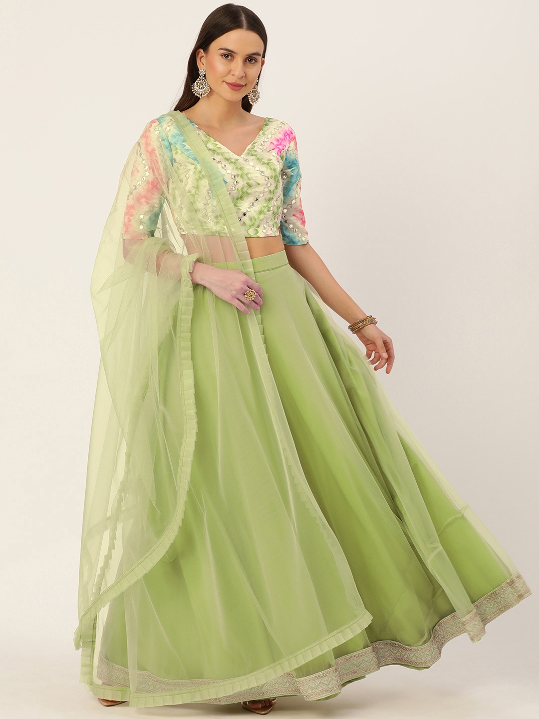 

Ethnovog Green White Printed Mirror Work Made to Measure Lehenga Blouse With Dupatta