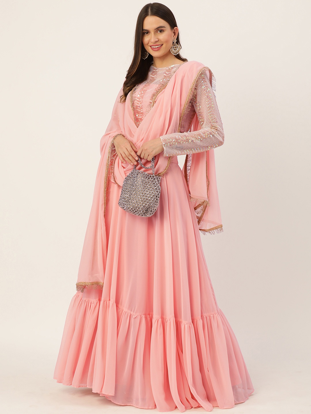 

Ethnovog Peach-Coloured Embroidered Sequinned Made to Measure Lehenga Blouse With Dupatta