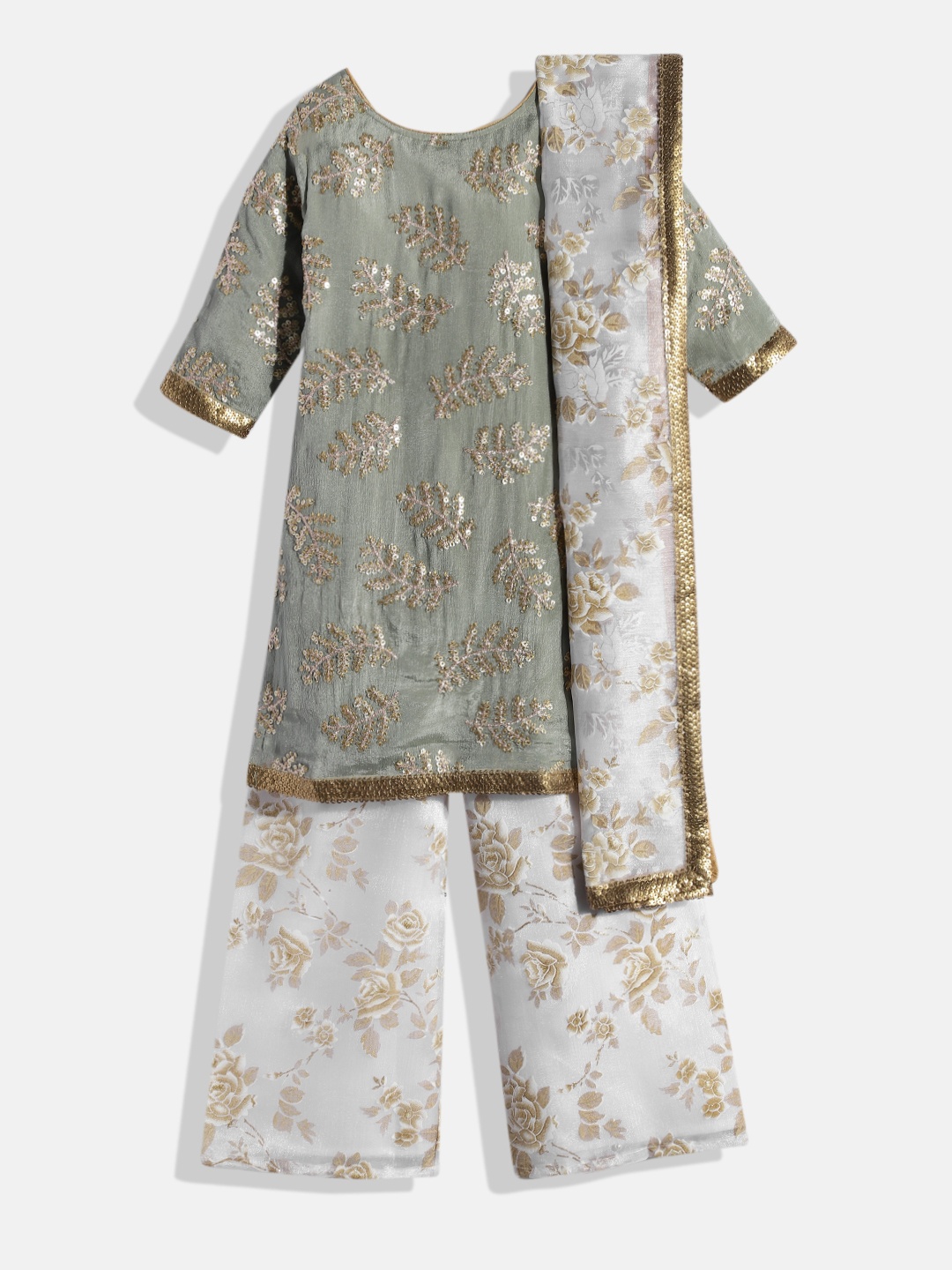 

Ethnovog Girls Grey White Made To Measure Sequined Kurta with Trousers With Dupatta