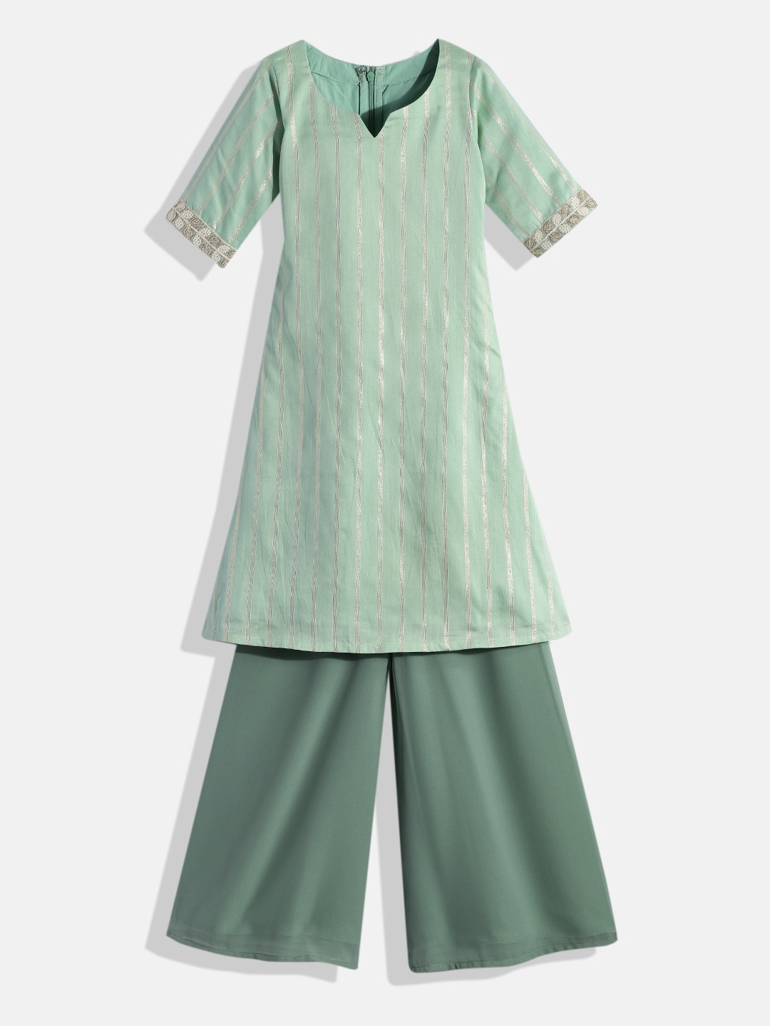 

Ethnovog Girls Green Silver Striped Made To Measure Kurta with Palazzos