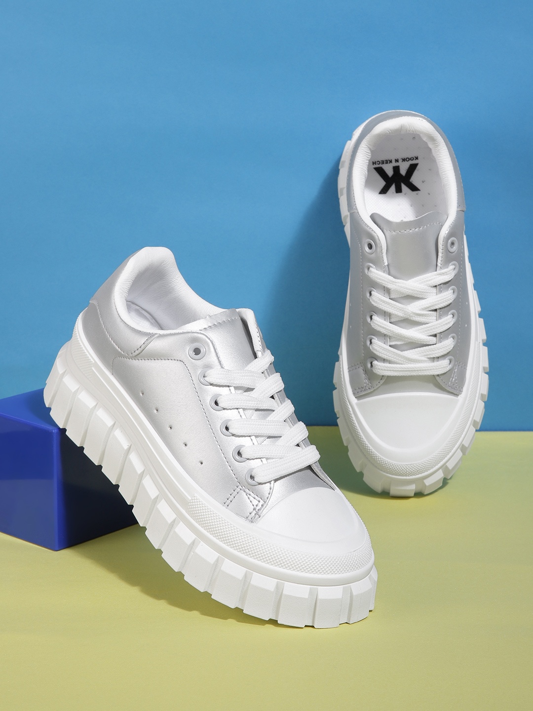 

Kook N Keech Women Silver-Toned & White Solid Flatform Sneakers