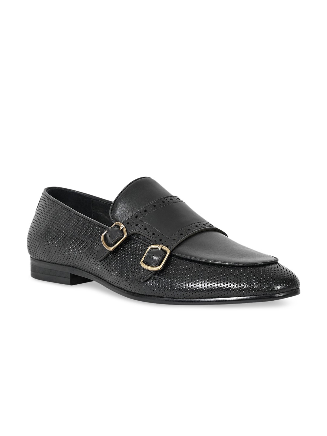 

Cobblerz Men Black Solid Leather Formal Monk Shoes