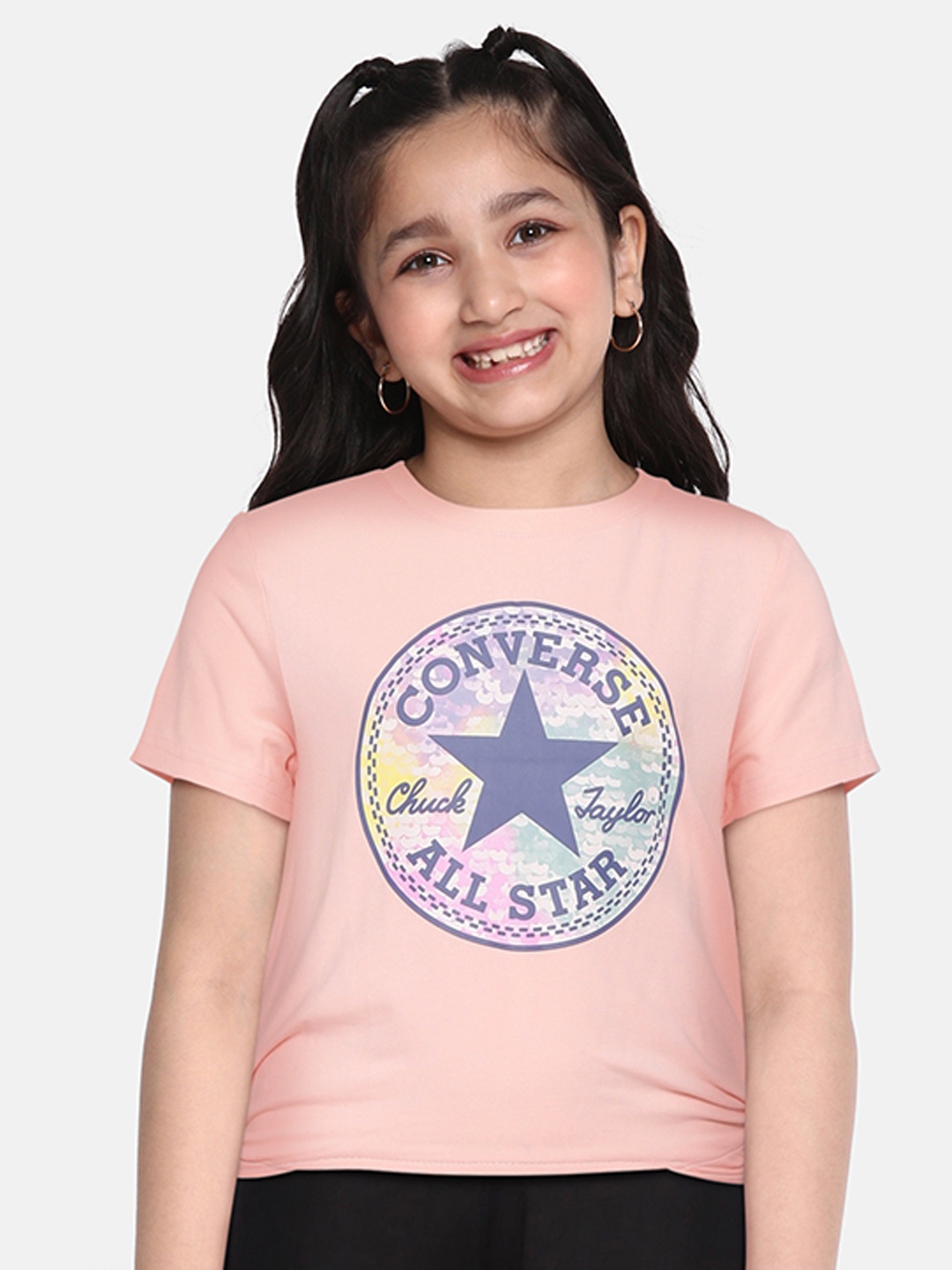 

Converse Girls Pink & Blue Brand Logo Printed Boxy T-shirt