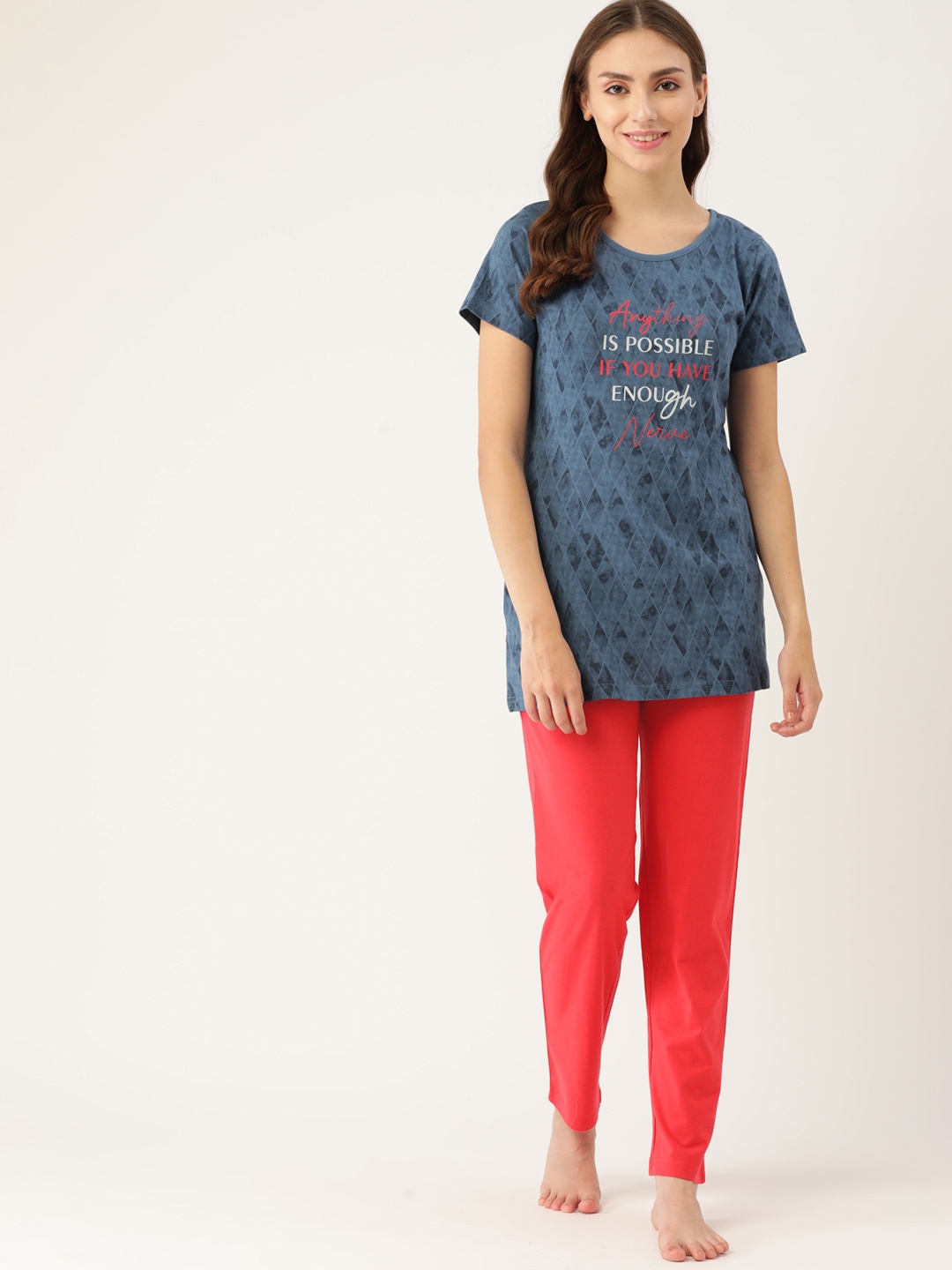 

BROOWL Women Blue & Red Printed Pure Cotton Night suit