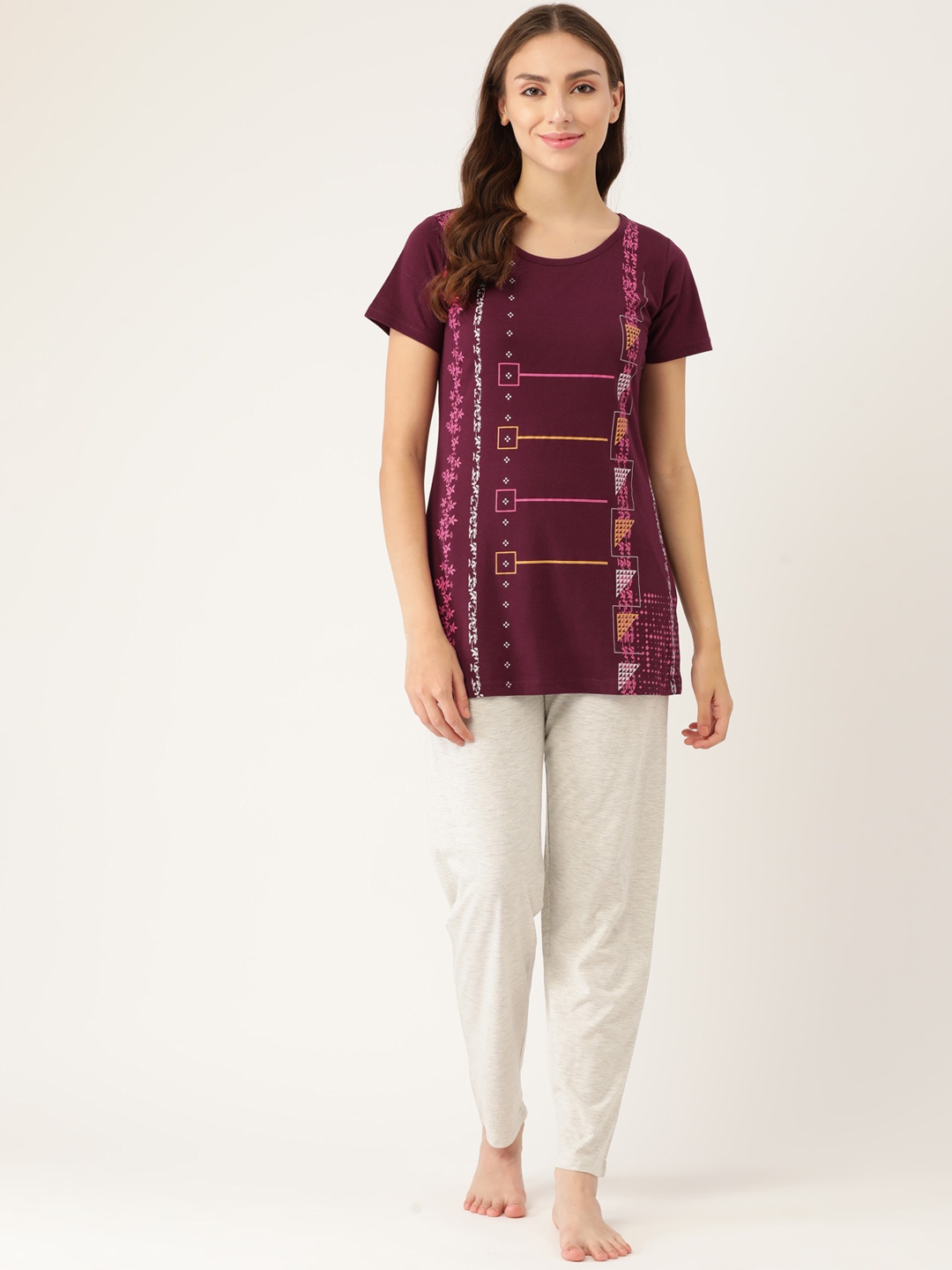 

BROOWL Women Maroon & Grey Melange Printed Pure Cotton Night suit