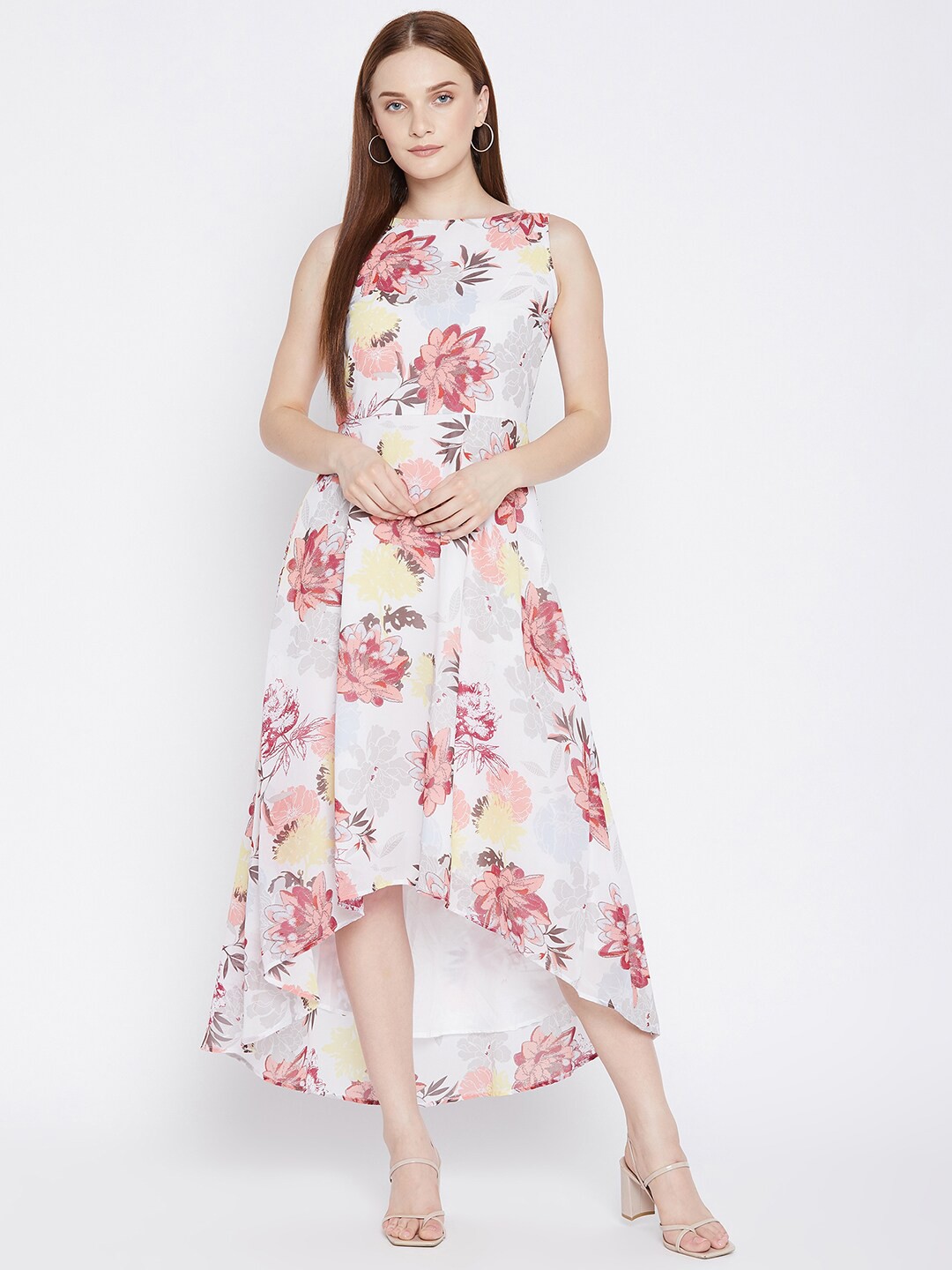 

Ruhaans White & Pink Floral Georgette High Low Midi Dress
