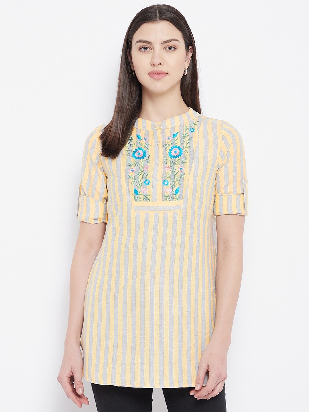 

Ruhaans Yellow & Grey Striped Embroidered Cotton Tunic