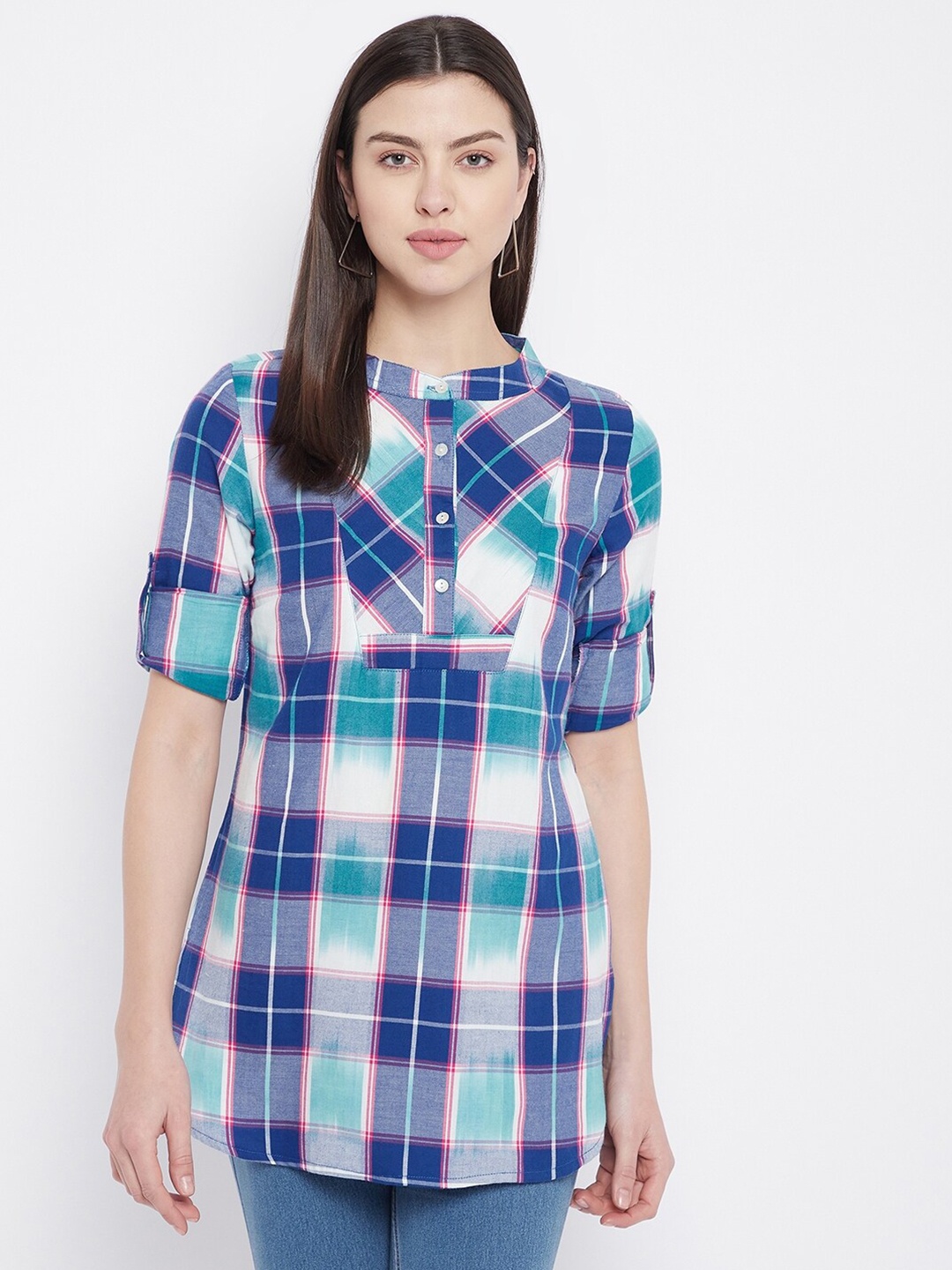 

Ruhaans Navy Blue & White Mandarin Collar Checked Tunic
