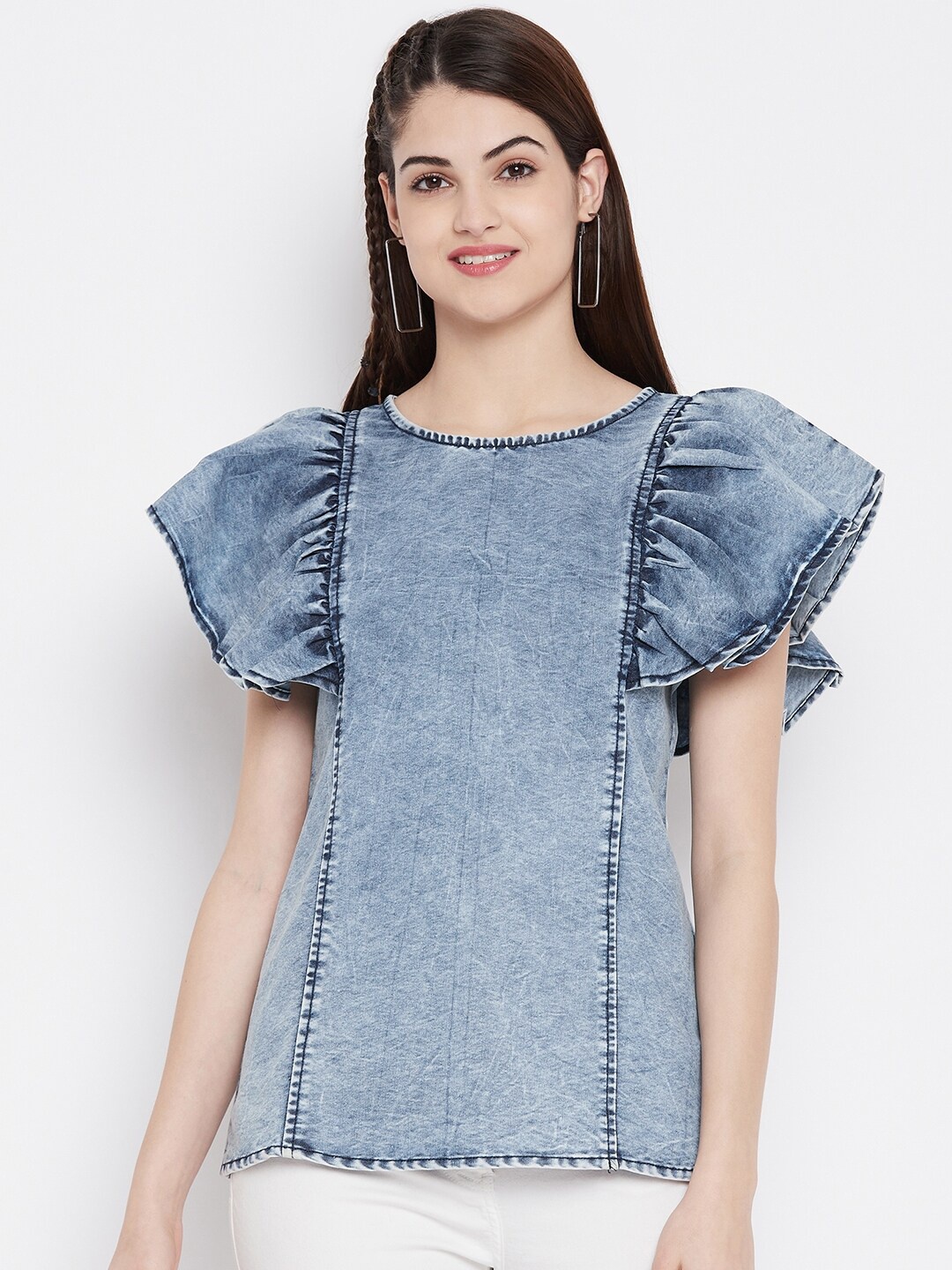

Ruhaans Women Blue Solid Pure Cotton Denim Top