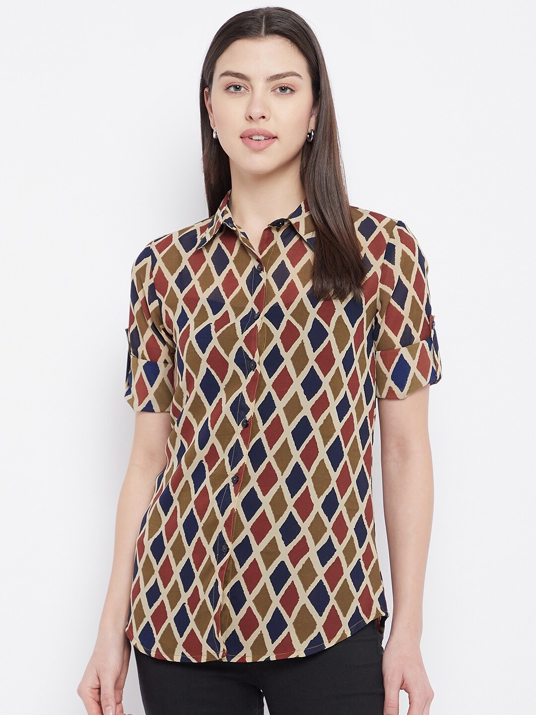 

Ruhaans Women Brown & Blue Classic Printed Casual Shirt