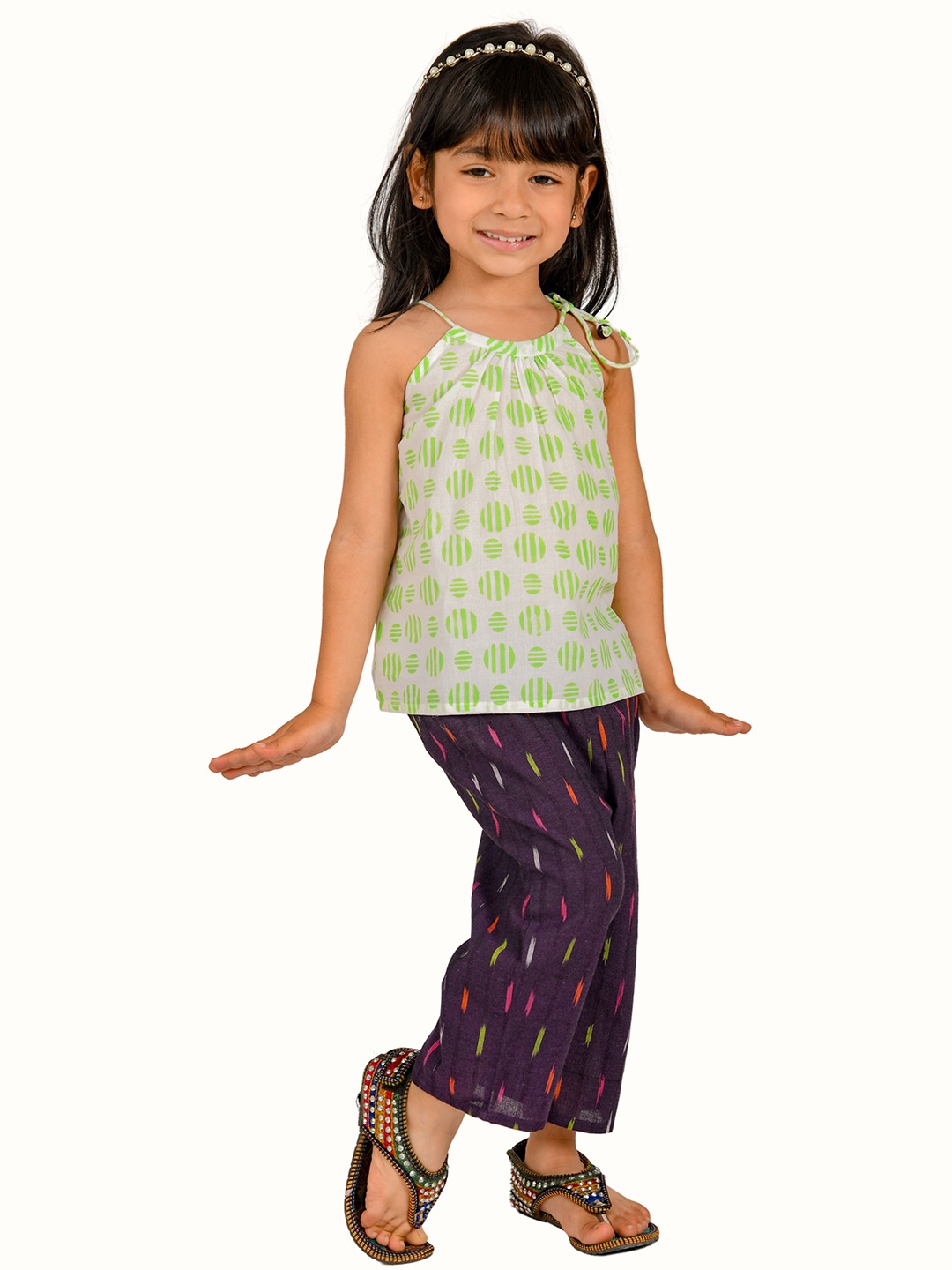 

Tiny Bunnies Girls Green & Purple Printed Pure Cotton Co-Ord Set
