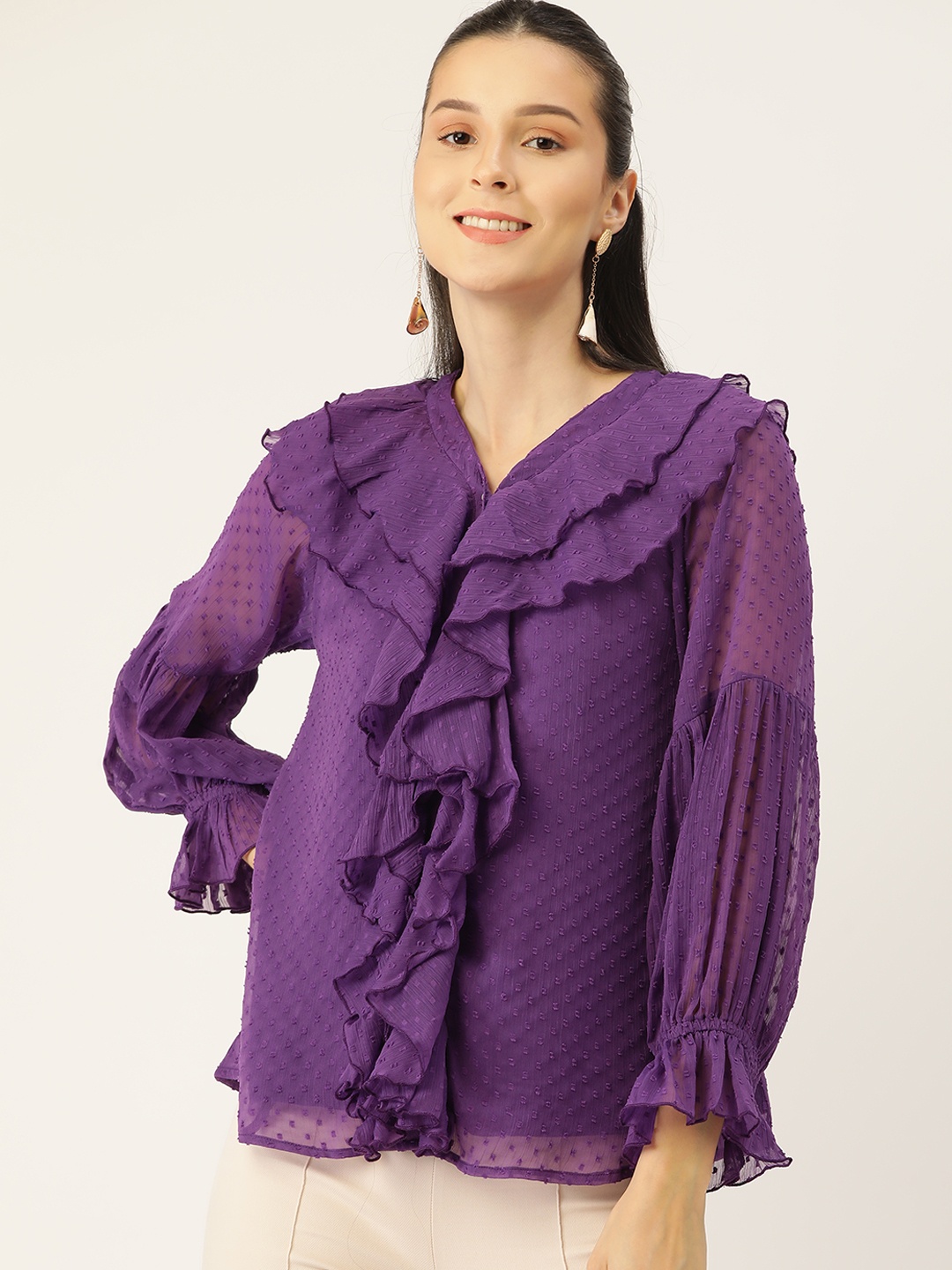 

Antheaa Purple Bishop Sleeves Ruffles Chiffon Top