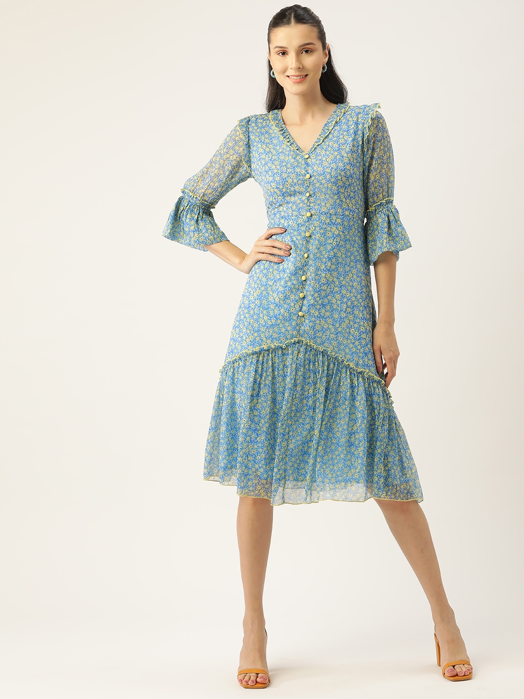 

Antheaa Blue Floral Chiffon Midi Dress