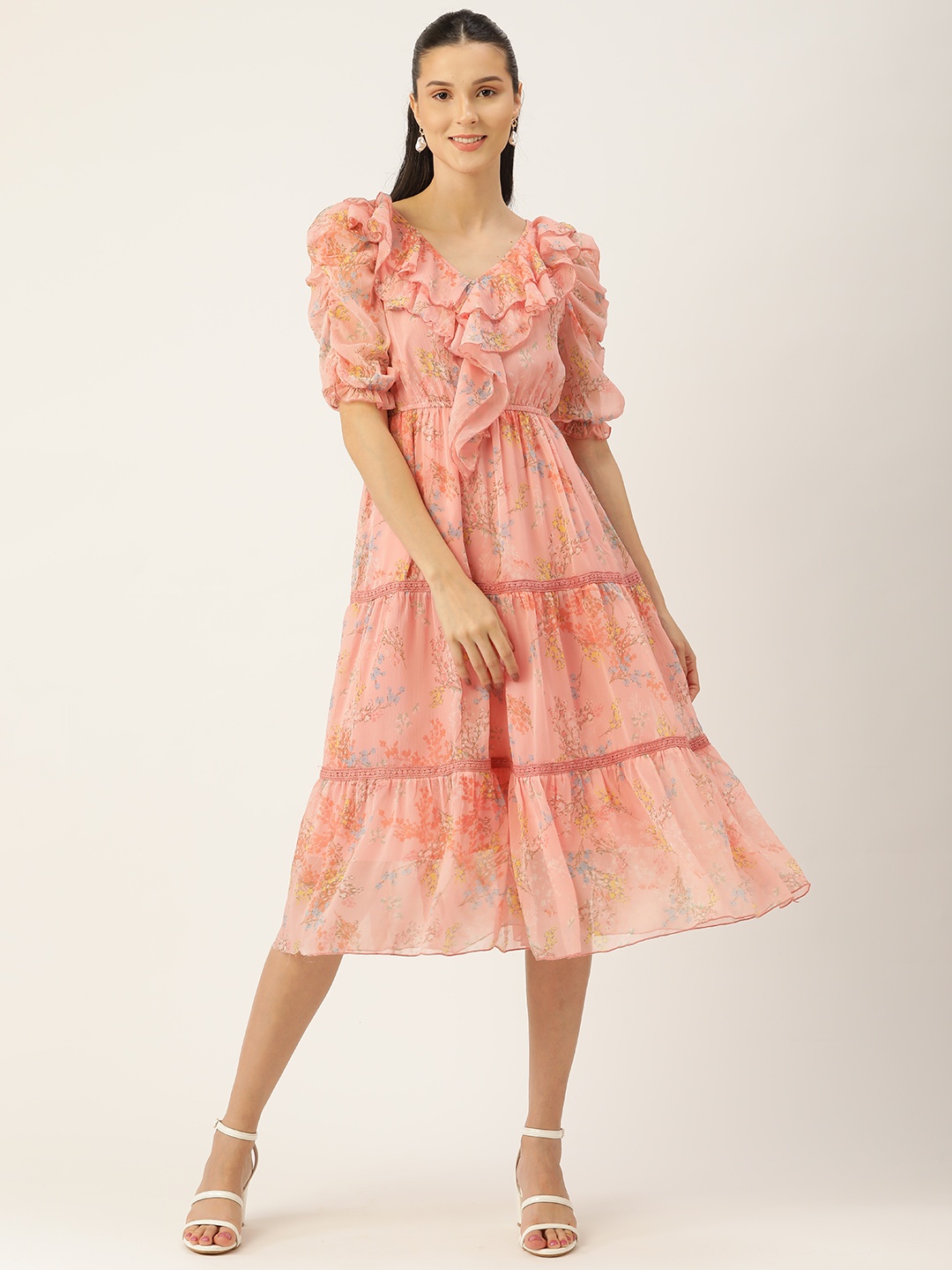 

Antheaa Pink Floral Chiffon Midi Dress