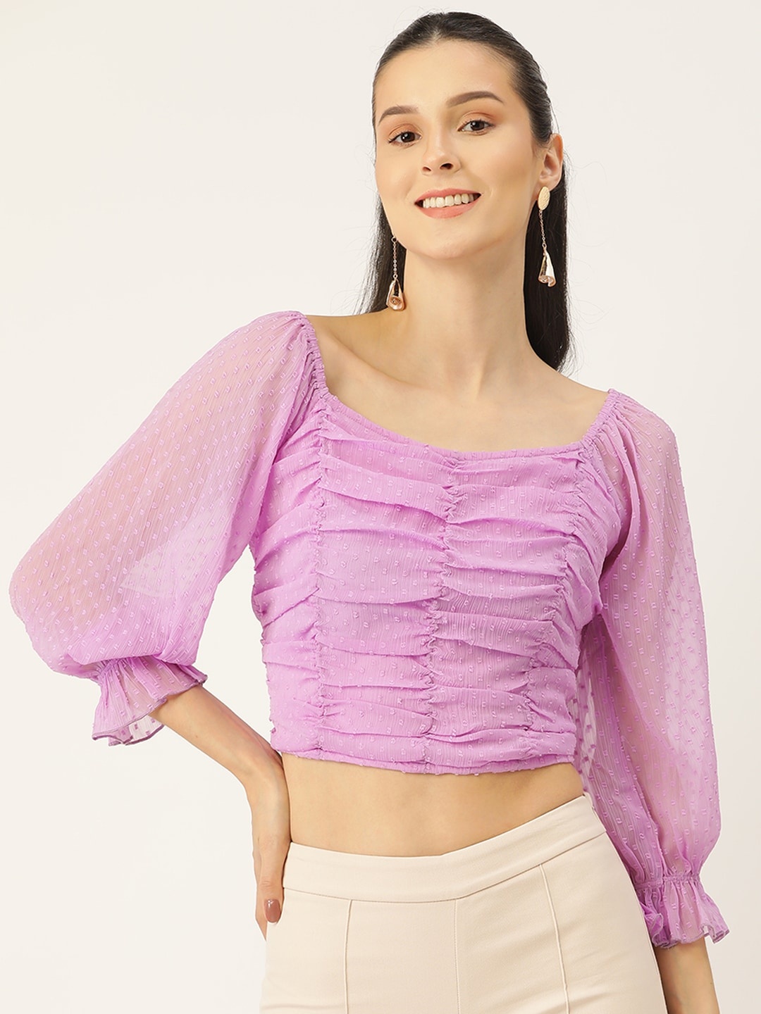 

Antheaa Lavender Bishop Sleeves Chiffon Bardot Crop Top