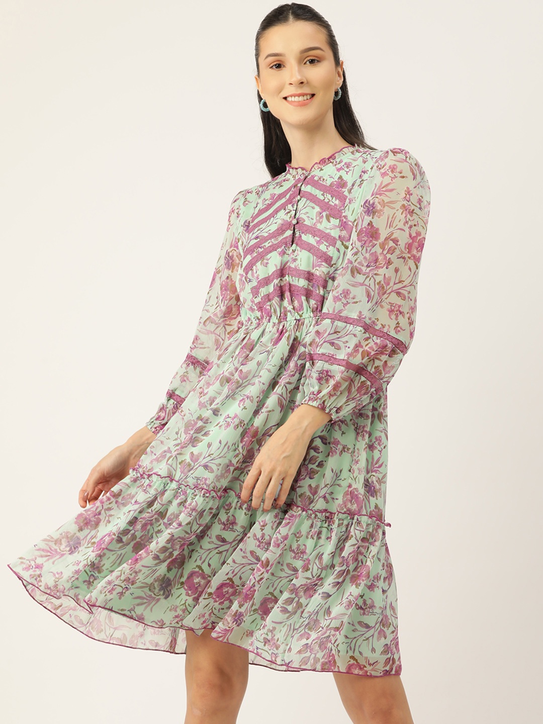 

Antheaa Sea Green Floral Chiffon Dress