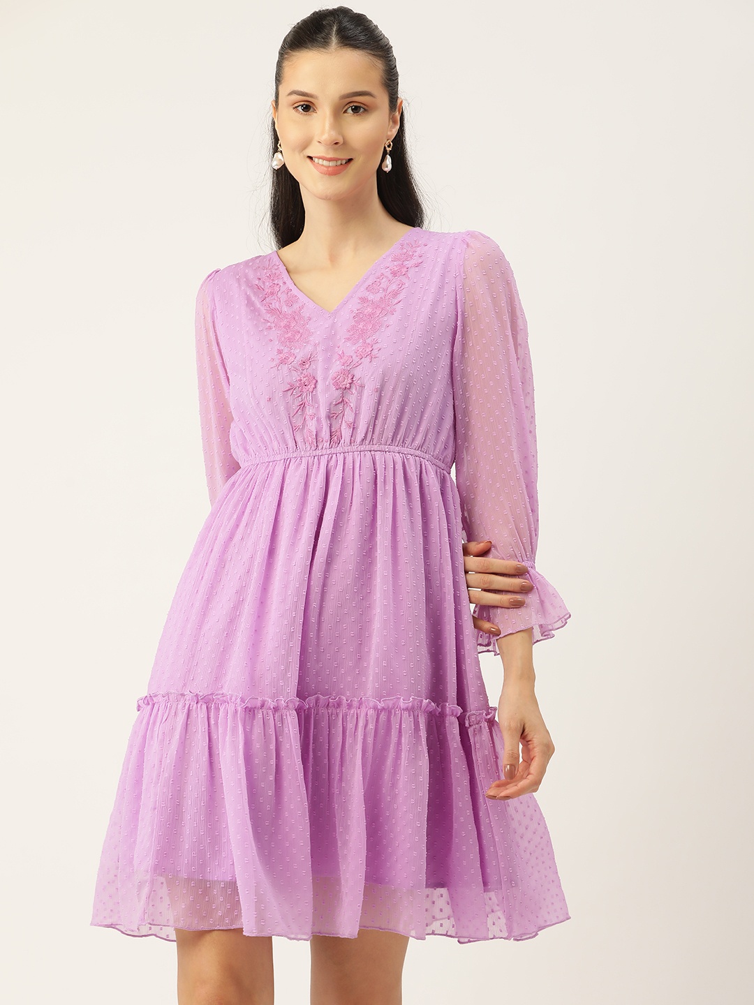 

Antheaa Lavender Floral Embroidered Chiffon Dress
