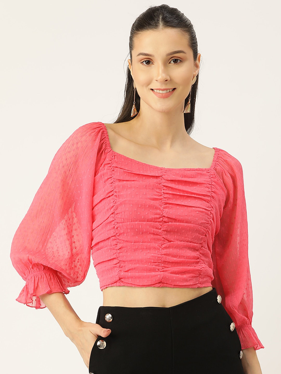 

Antheaa Pink Bishop Sleeves Chiffon Crop Top