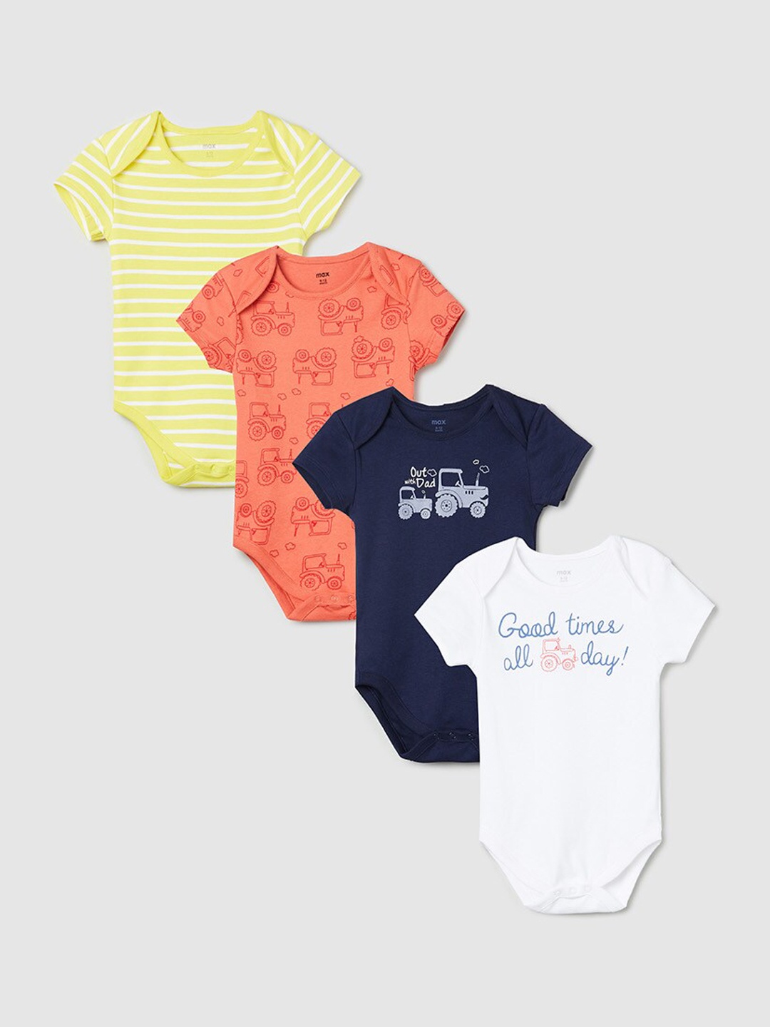 

max Boys Pack Of 4 Printed Cotton Bodysuits, Orange