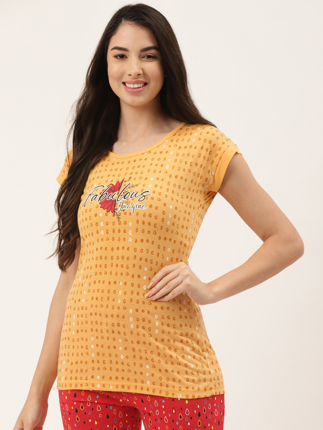 

BROOWL Women Yellow Printed Loose Fit Pure Cotton Lounge T-Shirts
