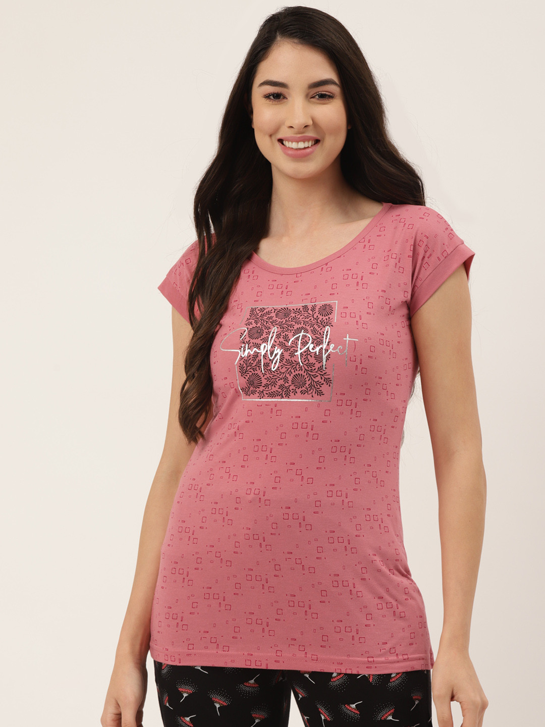 

BROOWL Women Pink Printed Loose Fit Pure Cotton Lounge T-Shirts