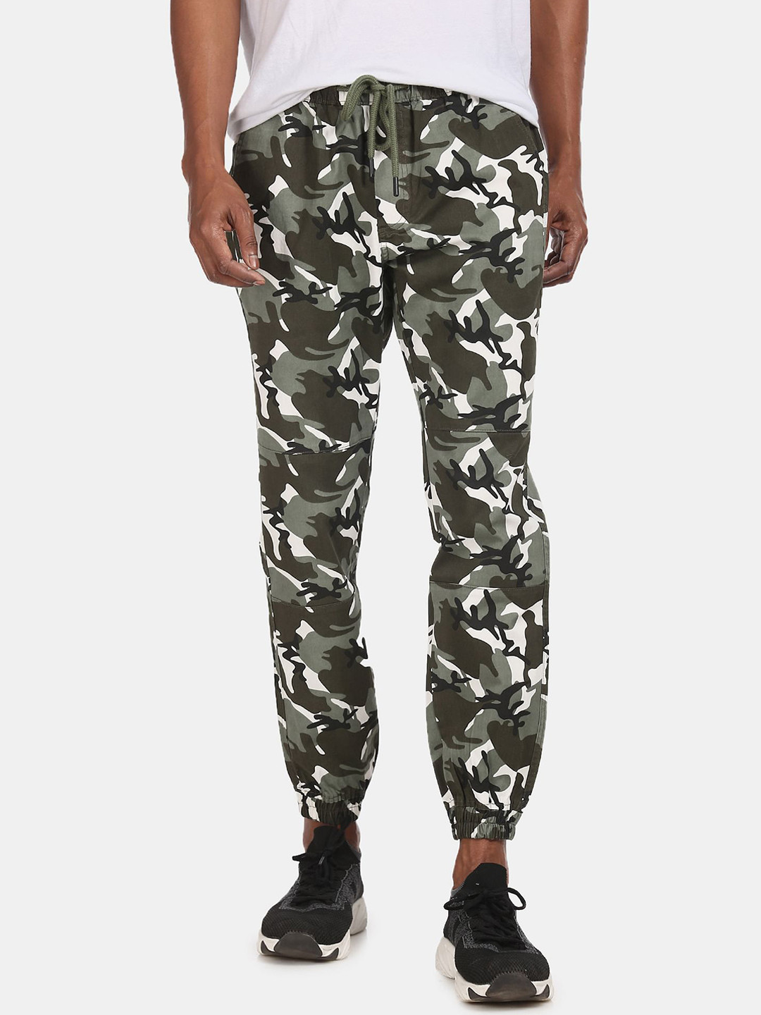 

Cherokee Men Olive-Green & White Camouflage Printed Straight-Fit Joggers
