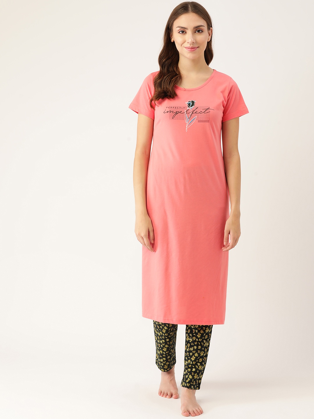 

BROOWL Women Peach-Coloured & Green Printed Pure Cotton Night suit
